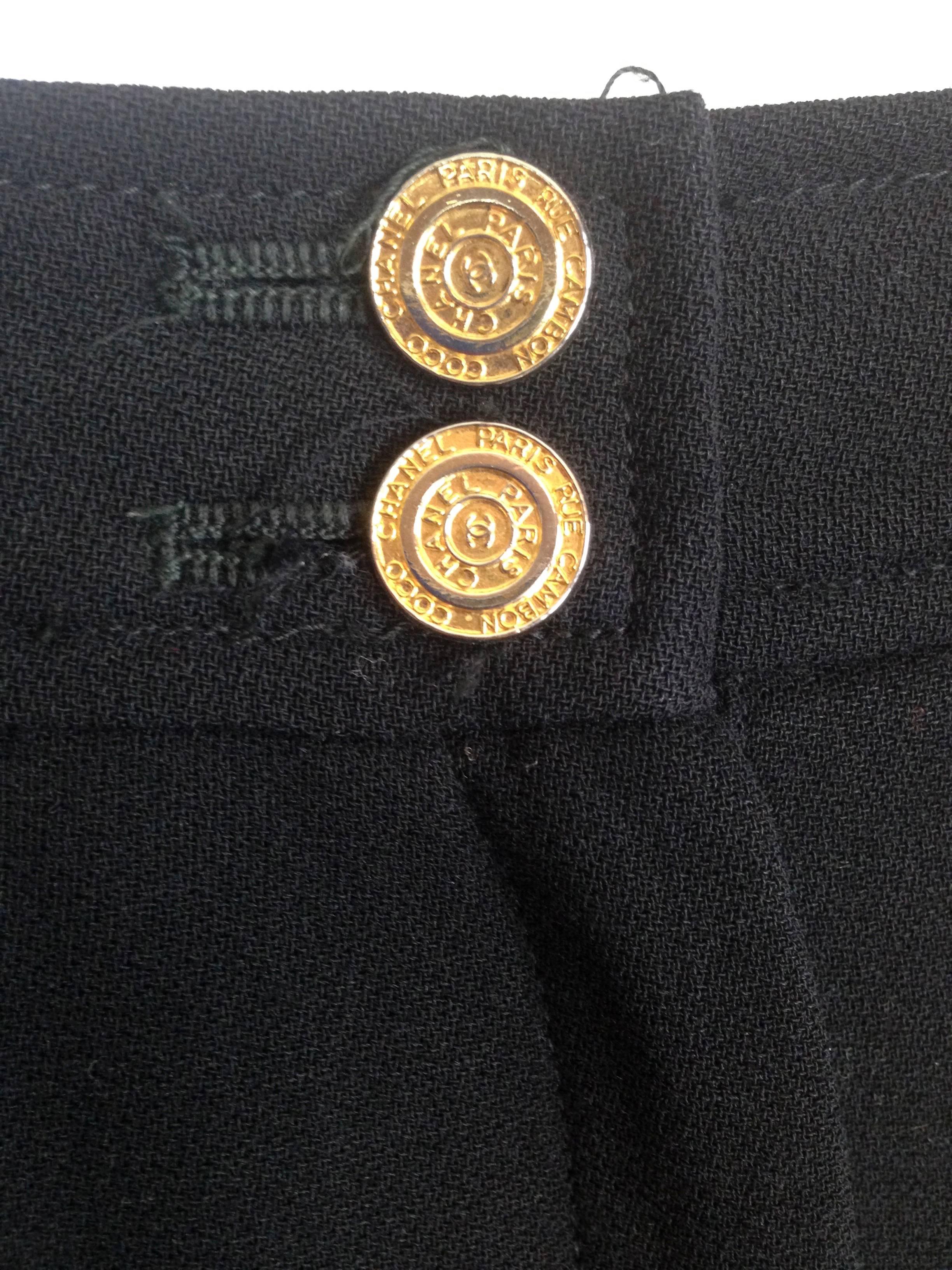 1980's Boutique Black Wool Pants With Cuffs & Famous HistoricChanel Buttons FR 4 For Sale 2