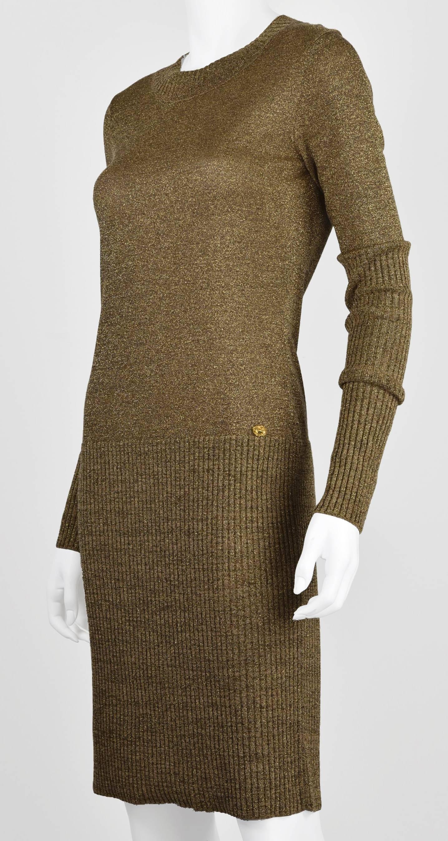 One cannot have enough neutral sheath dresses to wear underneath a variety of jackets and  coats.  This is one with its form fitting knit and beautifully focused rich and subdued gold metallic thread.  Measurements:  Height 39