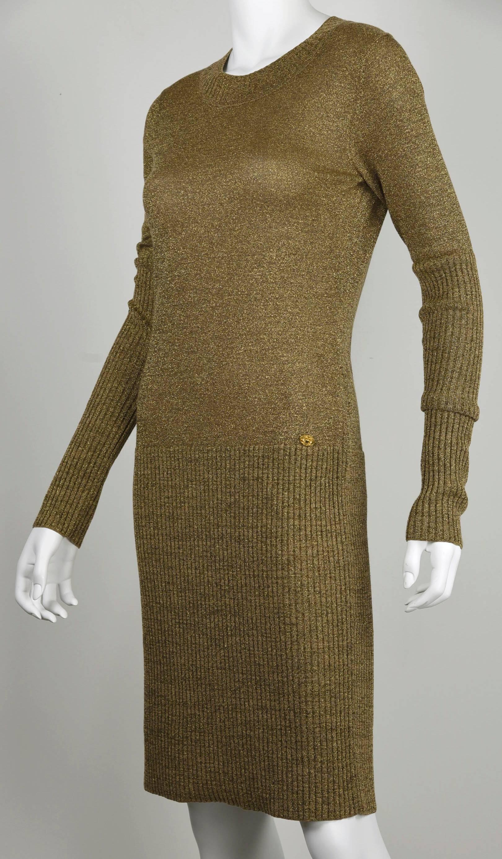 Brown 2009A Chanel Metallic Gold Knit Basic Dress FR 38 For Sale