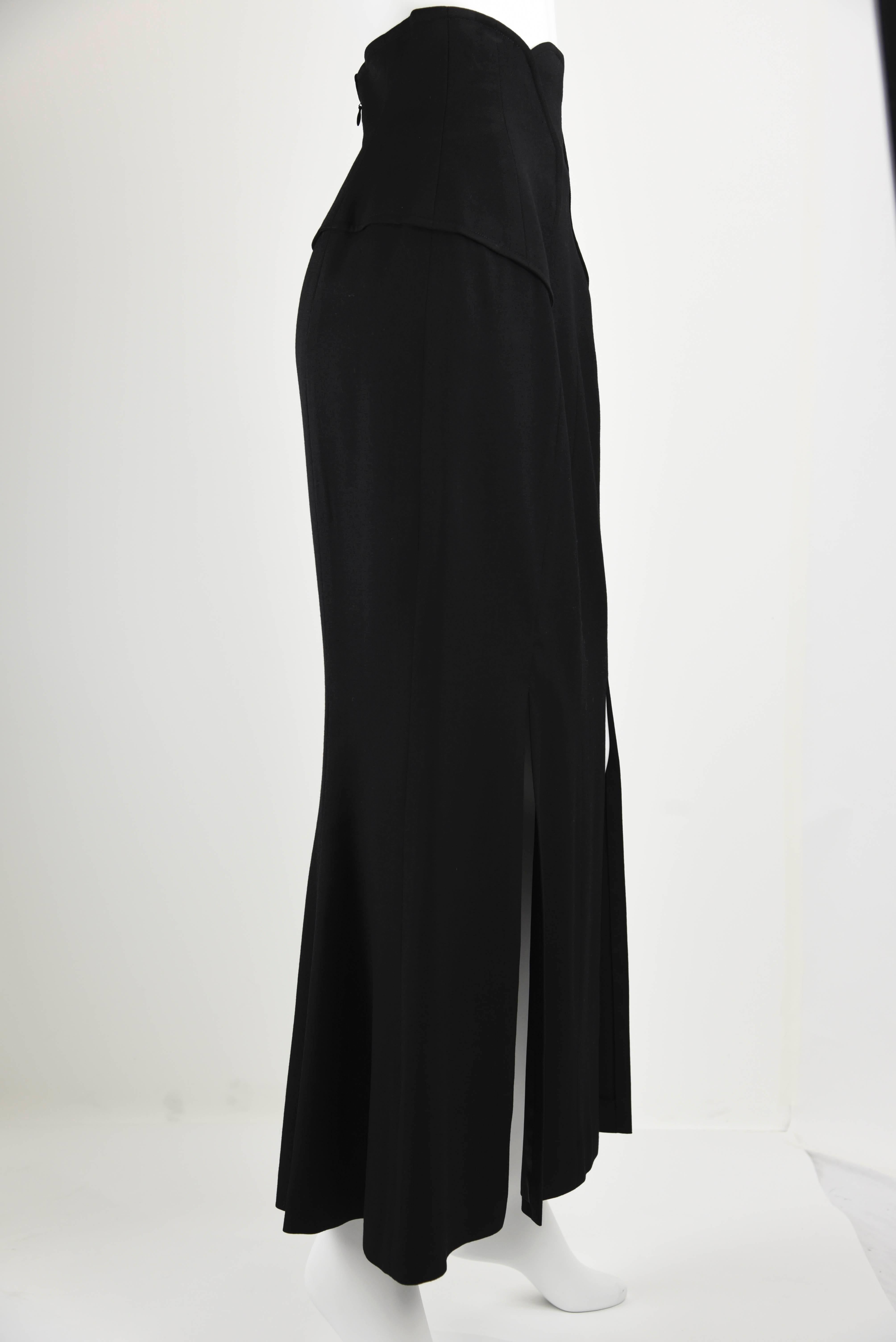 Chanel Boutique 1980's Long Black Skirt With Front Slits and Waist Detail FR 40 In Excellent Condition For Sale In Portland, OR