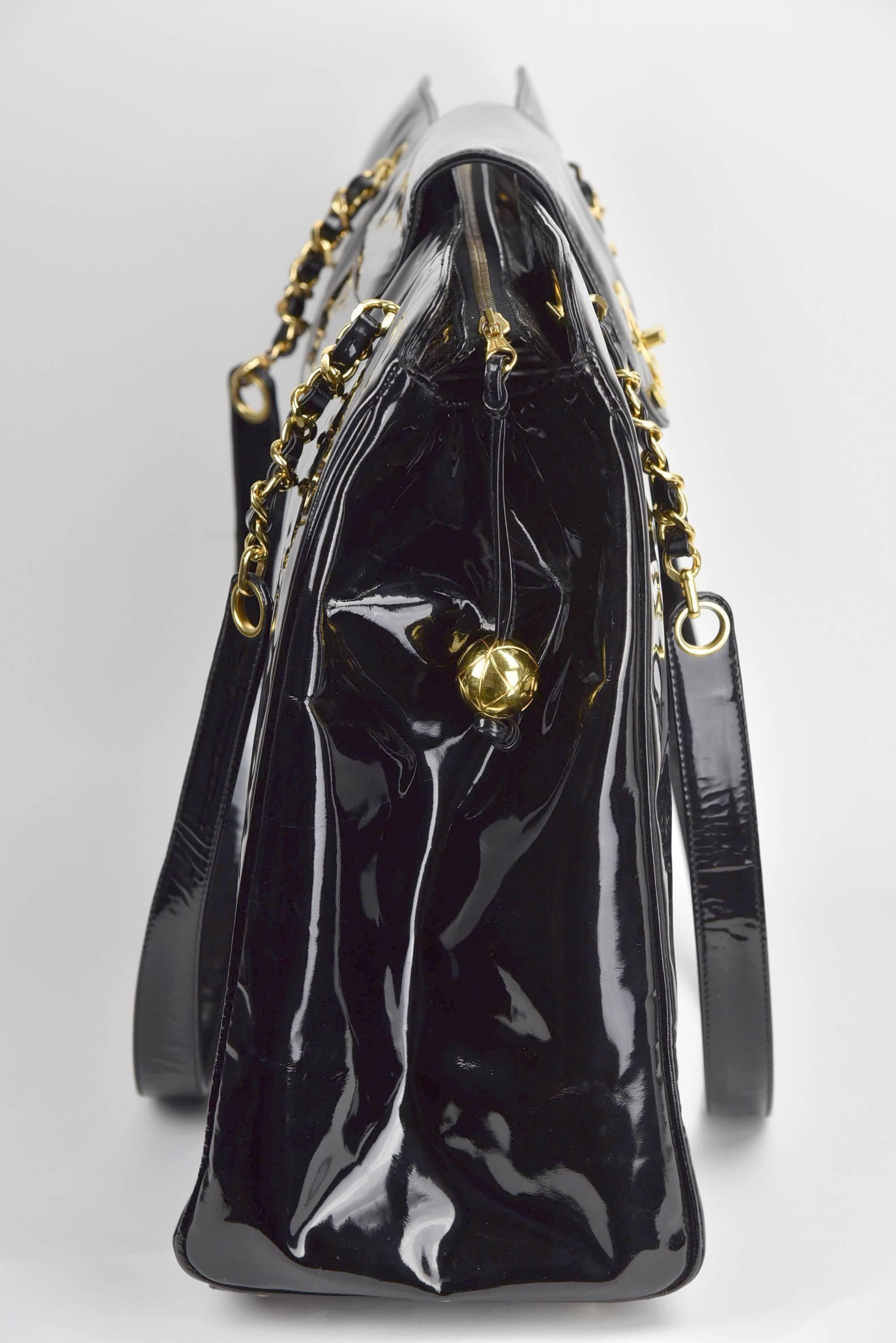Circa 1996 Chanel Black Patent Oversized Classic Shoulder Bag For Sale 1