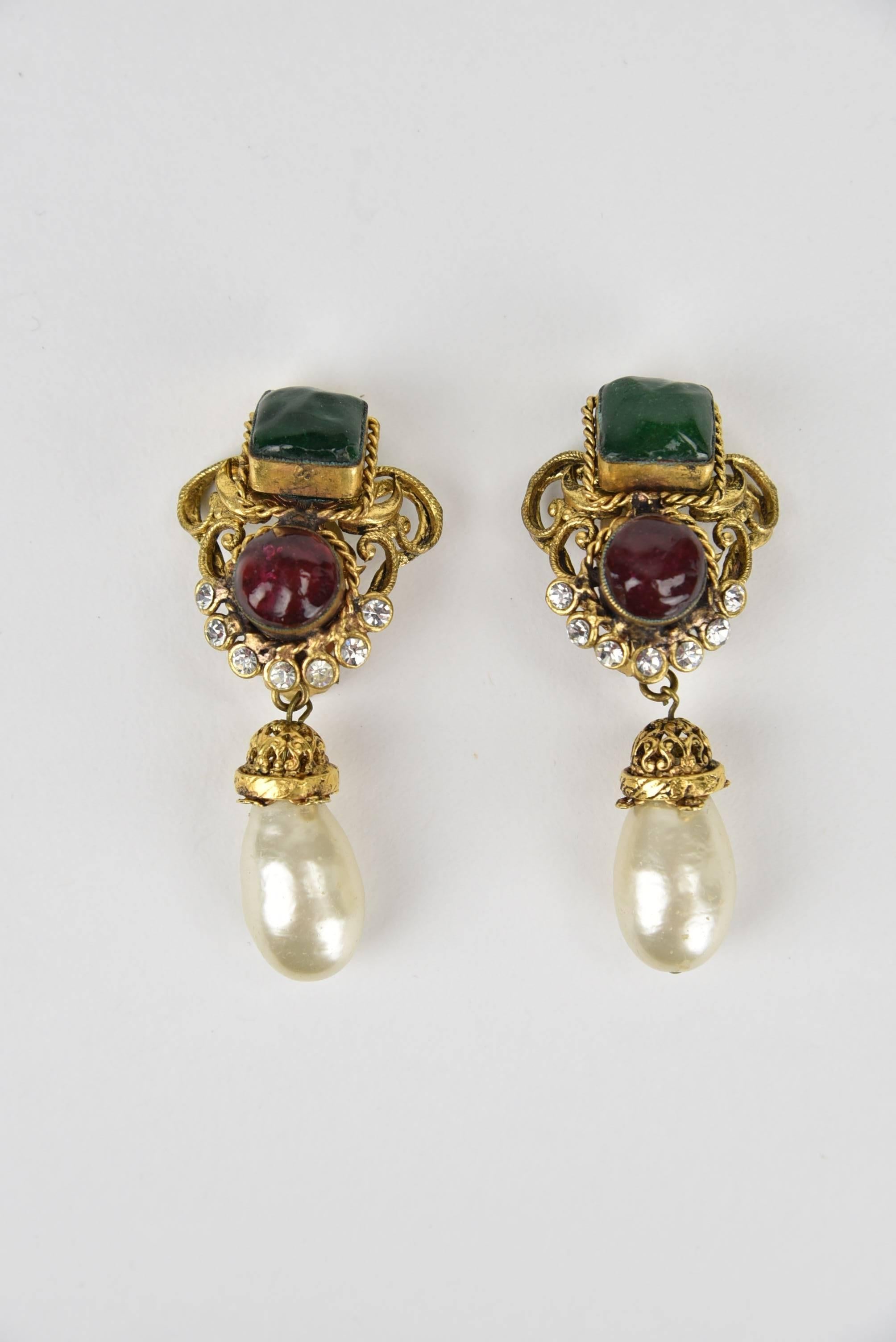 Gorgeous gilt, pearls and poured glass drop earrings. Measurements:  Height 2.5", Width 1.25", Depth .75".