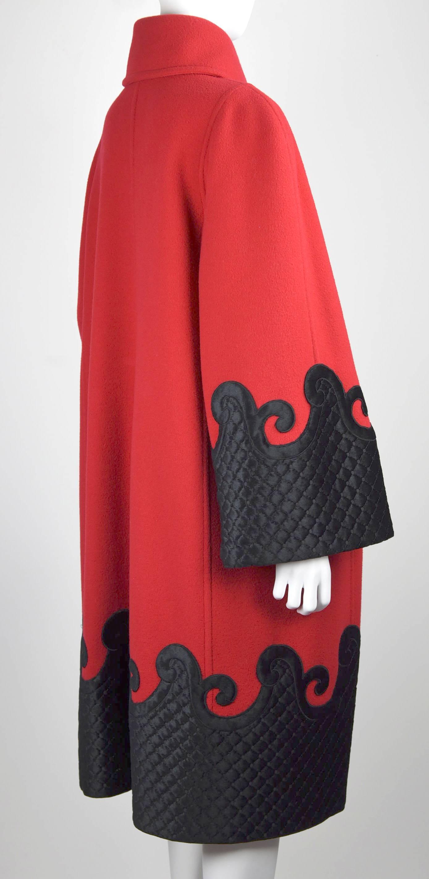 1990's Christian Lacroix Red and Black Appliqué Coat With Black Tassell In Good Condition For Sale In Portland, OR