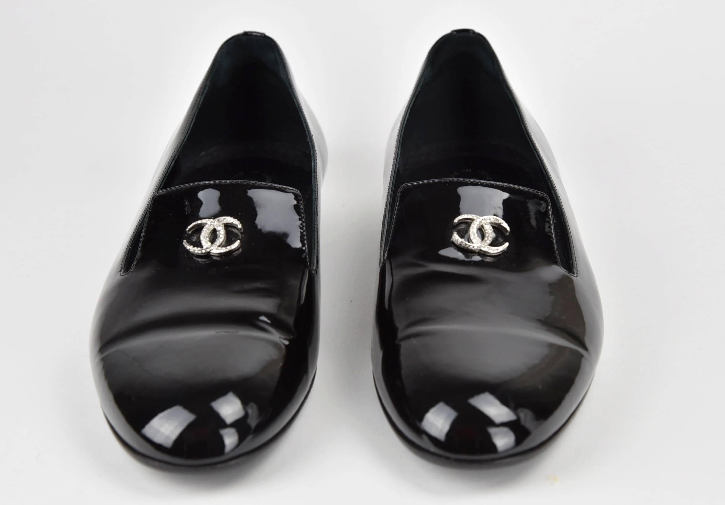 Women's 2015 Chanel Black Patent Leather Loafers with Rhinestone CC FR 40 1/2