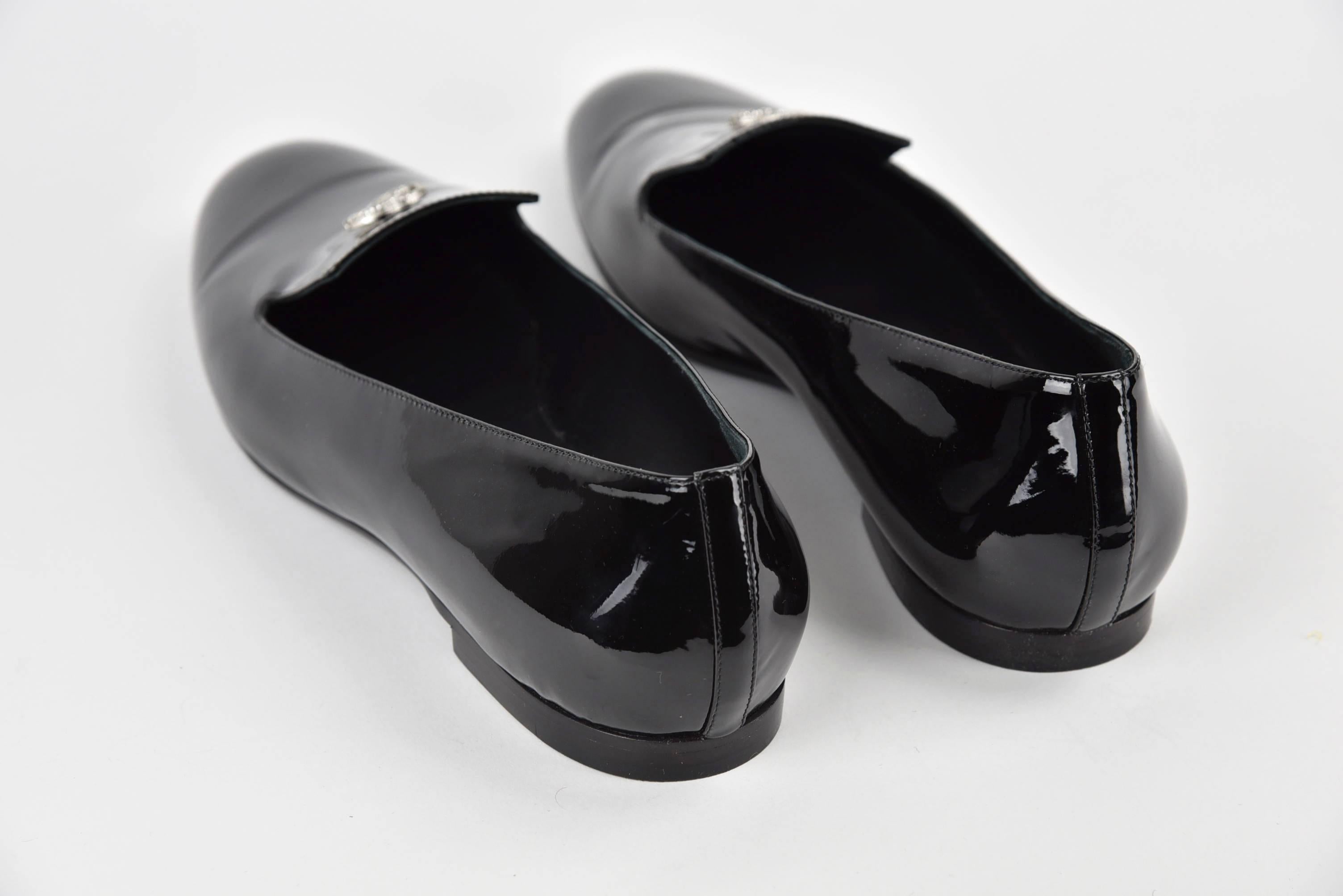 2015 Chanel Black Patent Leather Loafers with Rhinestone CC FR 40 1/2 5