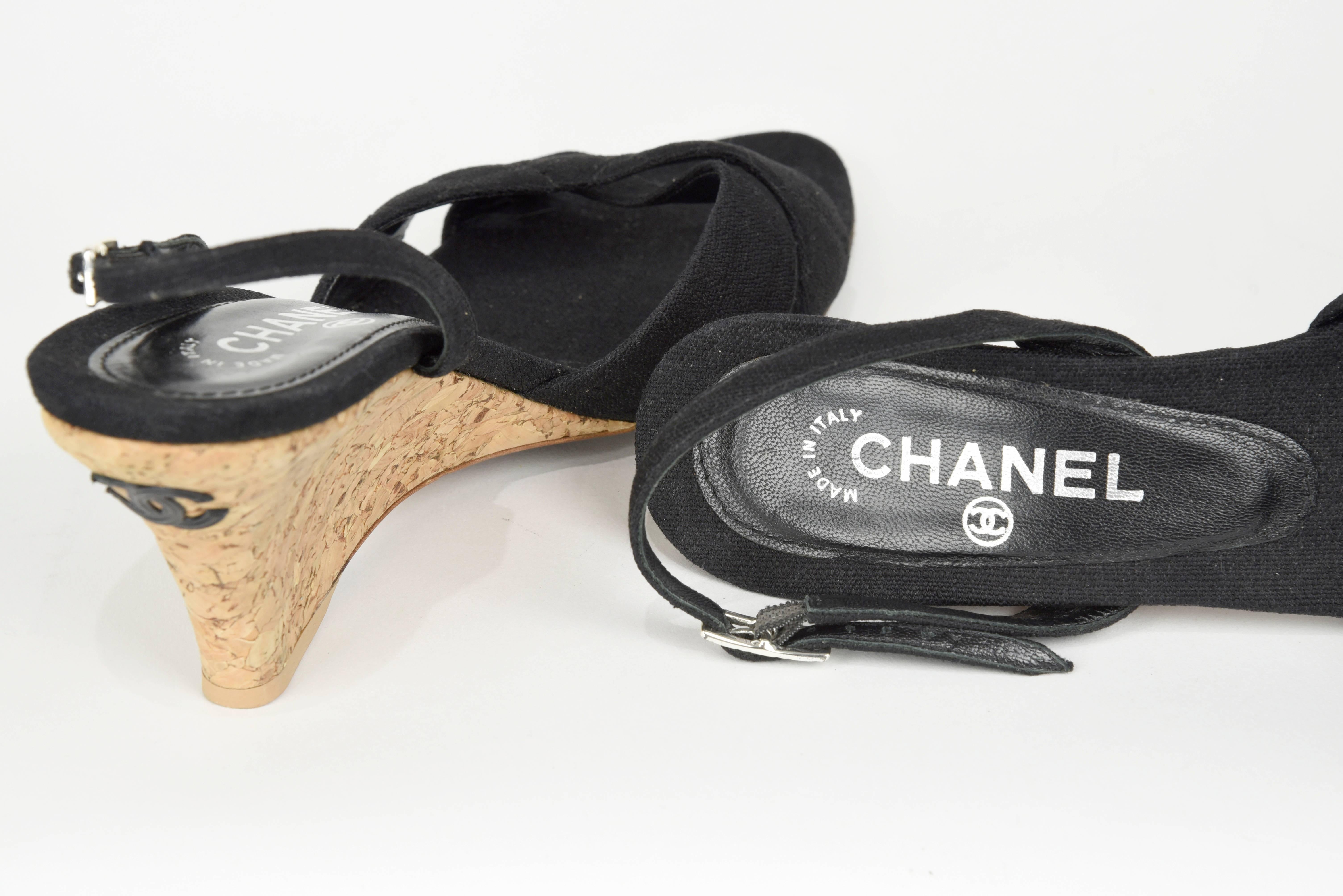 2000s Chanel Cork Wedge  and Black Fabric Sling Back Sandal  3