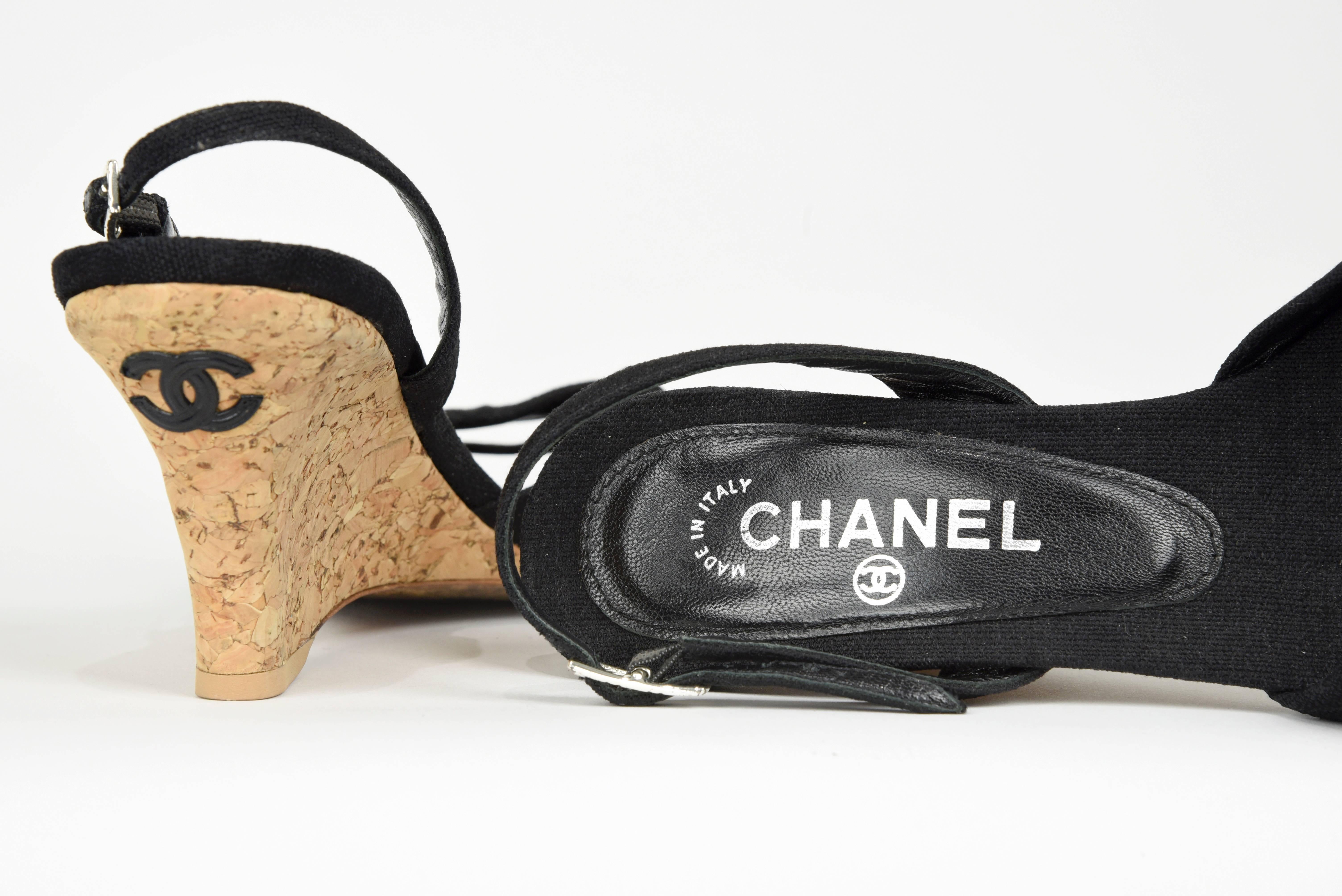 2000s Chanel Cork Wedge  and Black Fabric Sling Back Sandal  3