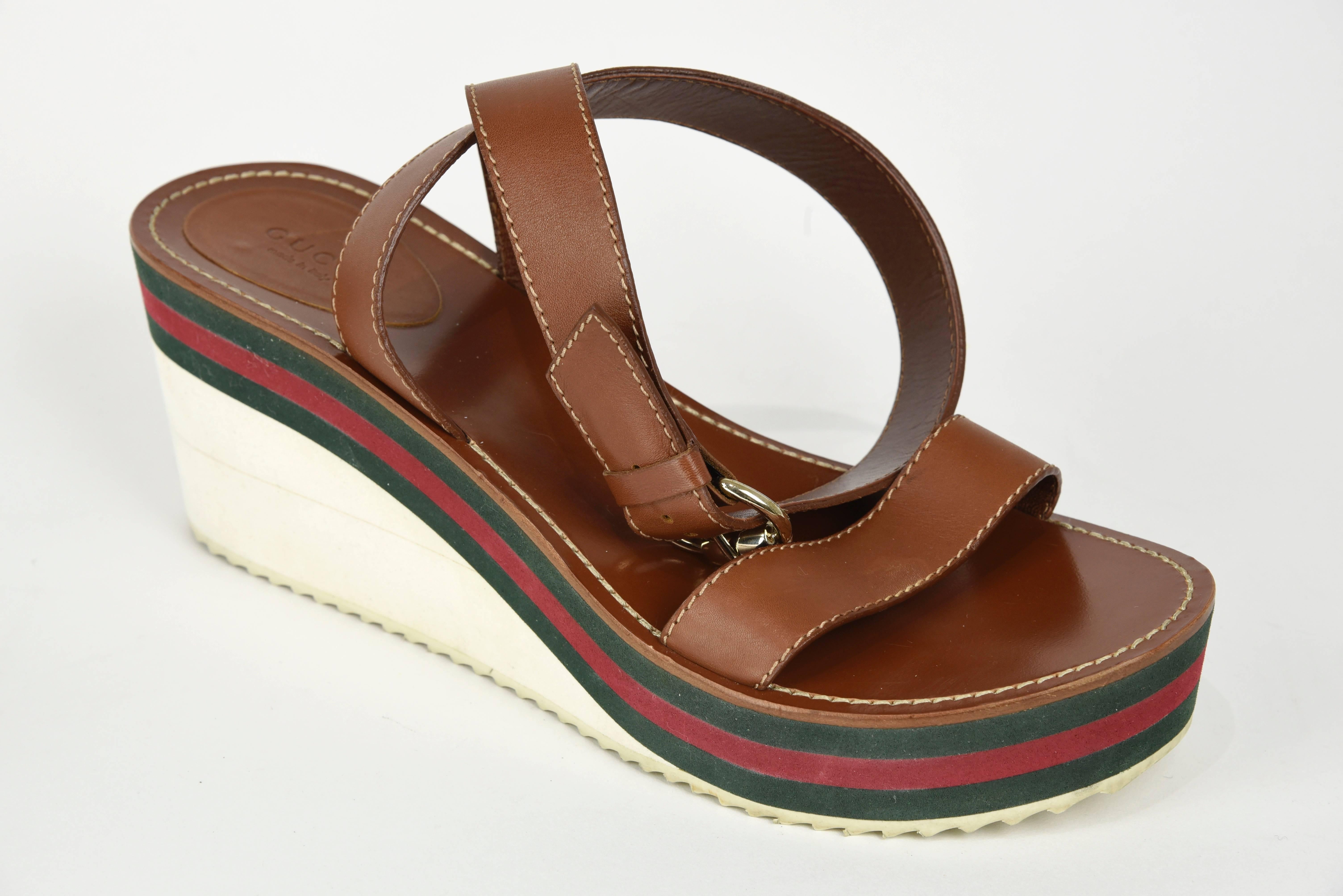 Women's 2000s Gucci Brown, Red and Green Platform Sandals with Ankle Wrap, Size 10 B