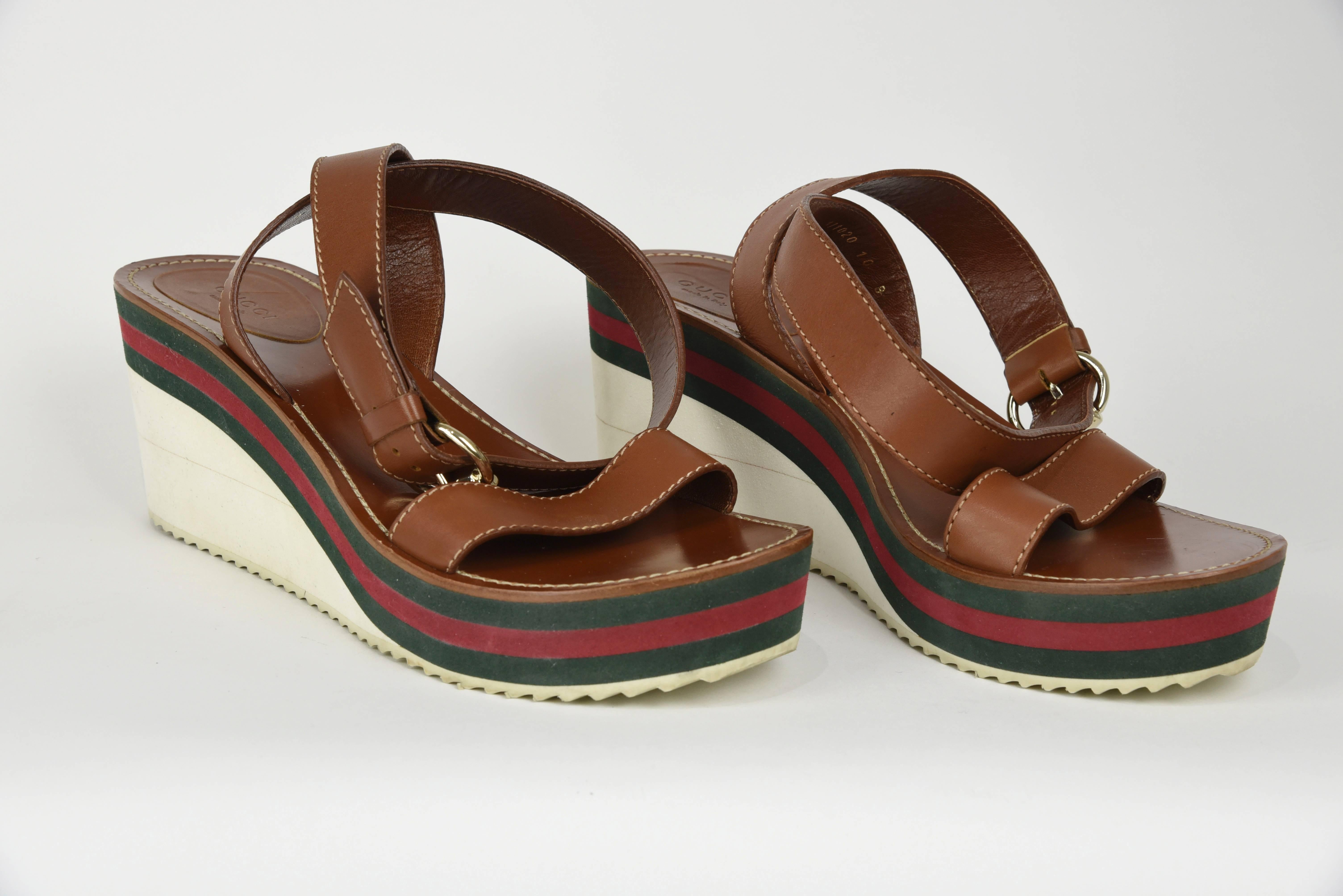2000s Gucci Brown, Red and Green Platform Sandals with Ankle Wrap, Size 10 B 1