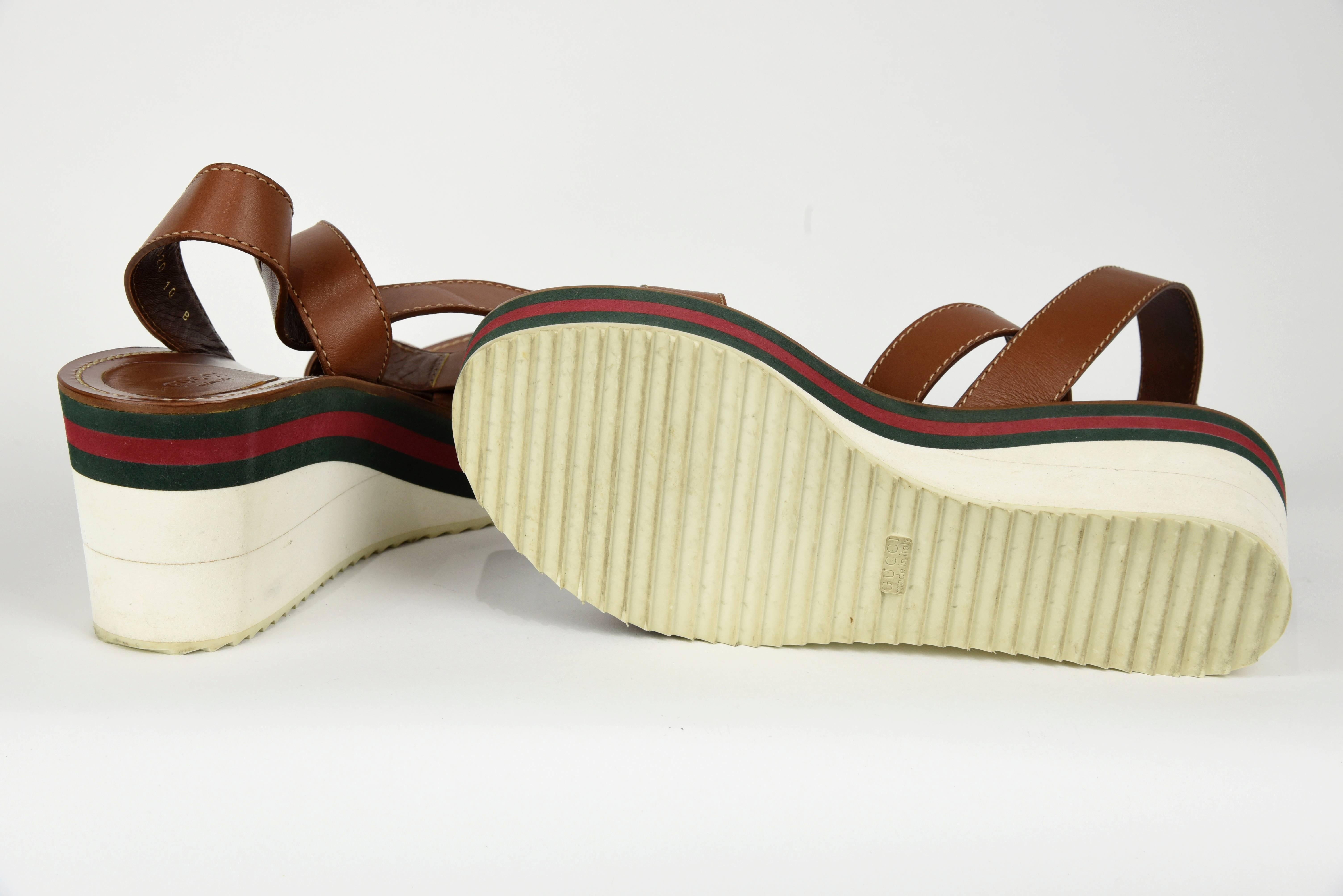 2000s Gucci Brown, Red and Green Platform Sandals with Ankle Wrap, Size 10 B 4