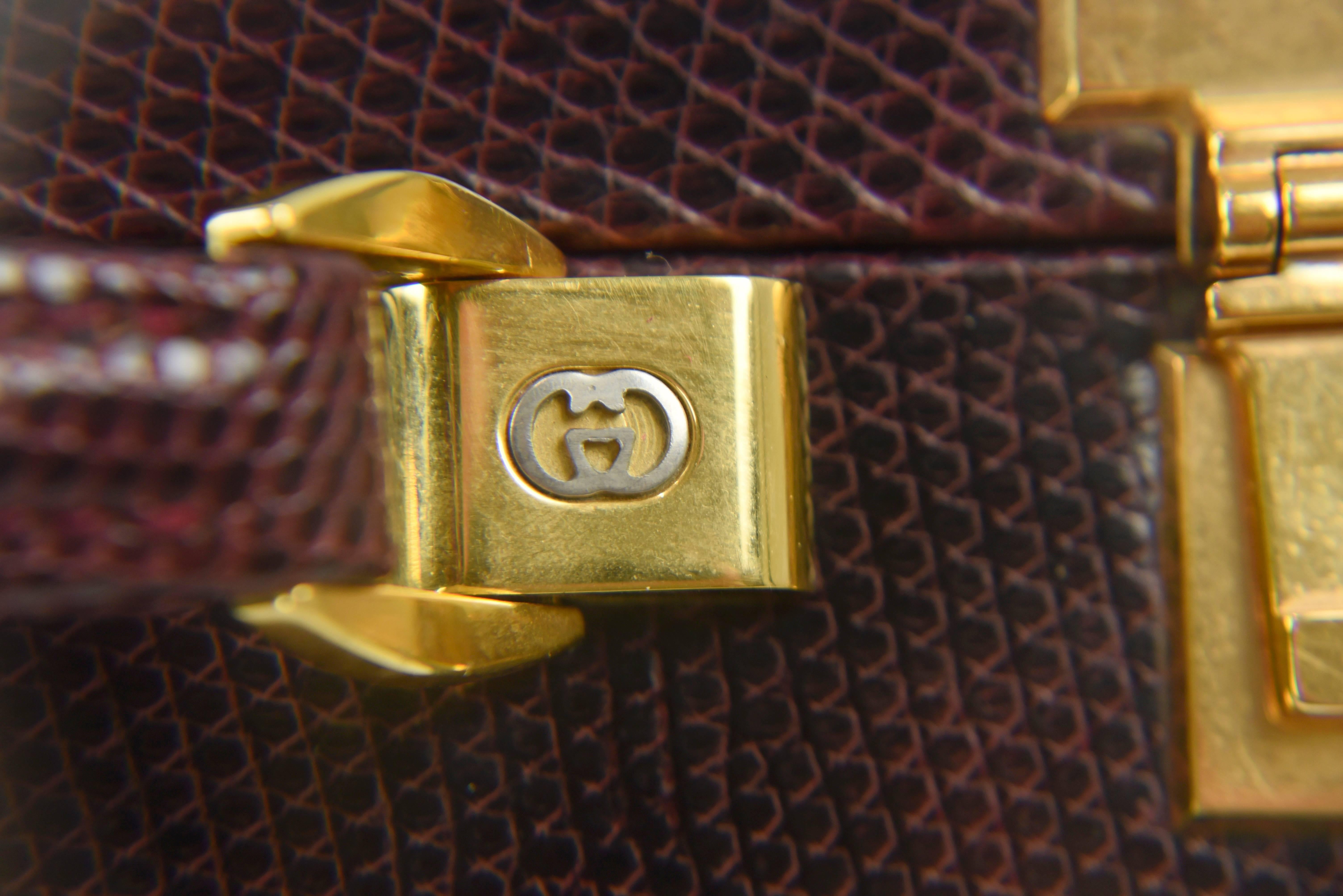 2000s Gucci Burgundy Lizard Briefcase, Gold Hardware and Locks, Great Condition For Sale 2
