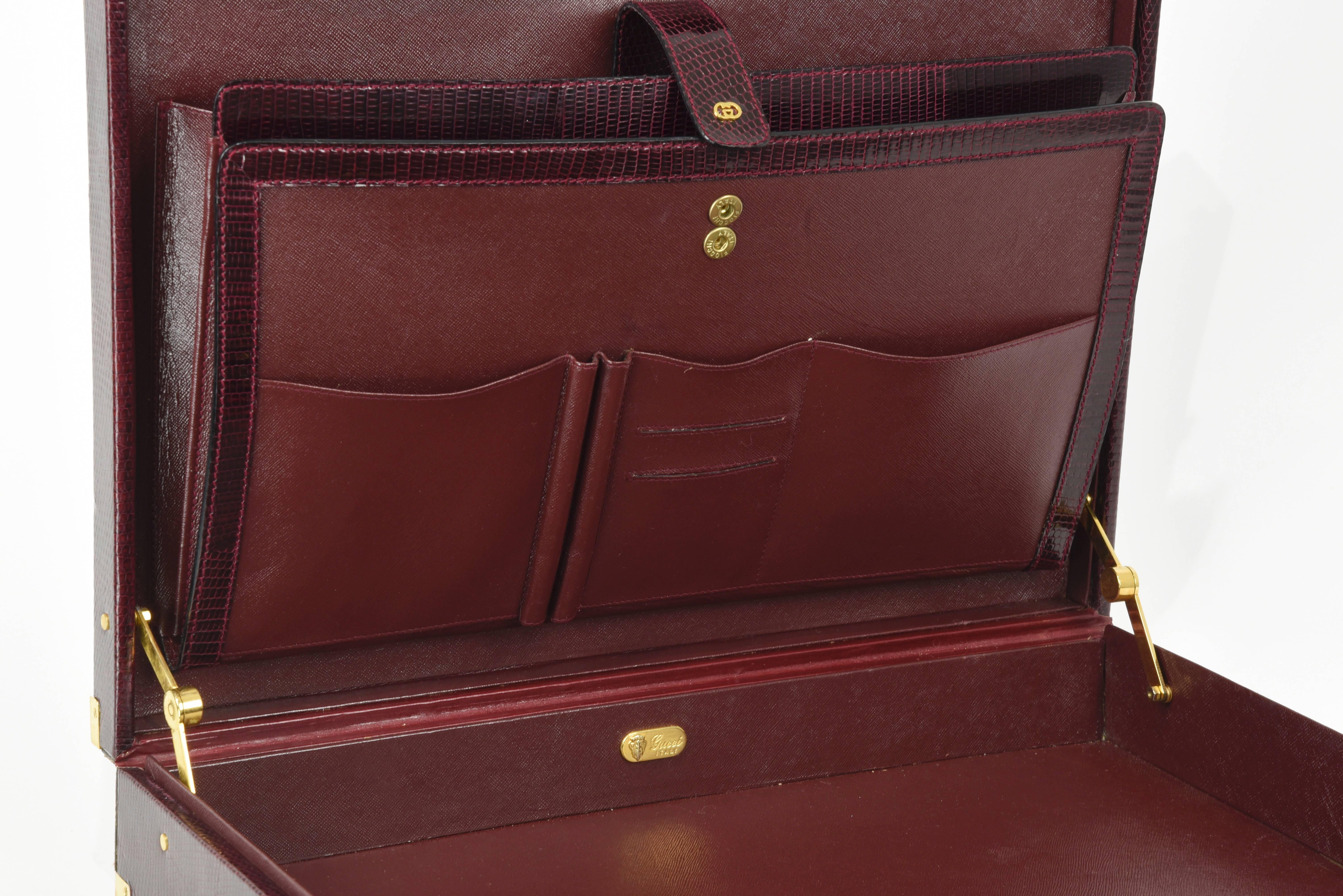 2000s Gucci Burgundy Lizard Briefcase, Gold Hardware and Locks, Great Condition For Sale 5