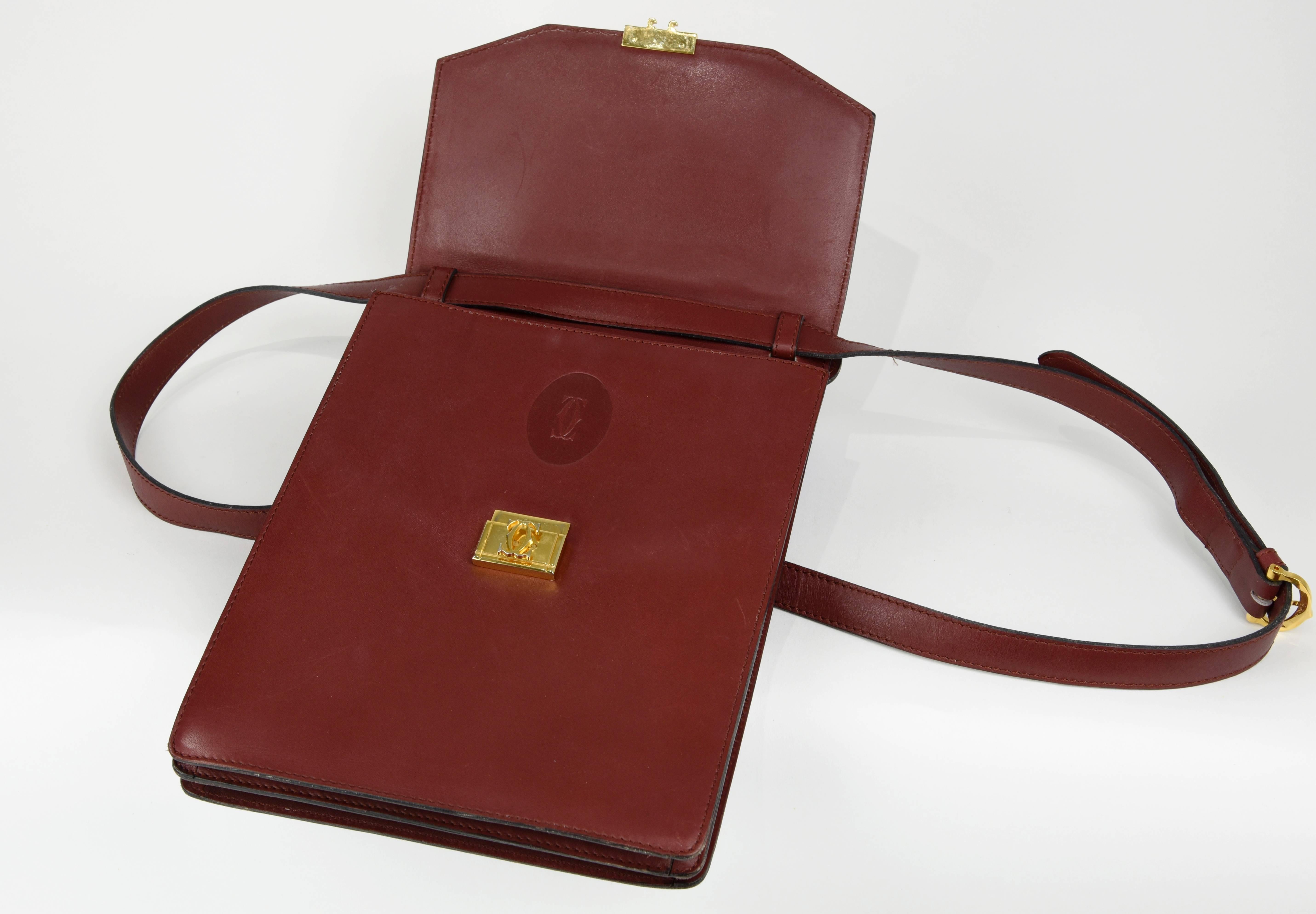 Brown 1990s Cartier Bordeaux Leather Shoulder Bag 