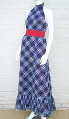 Adorable 1970s Gingham Halter Maxi Dress with Flocked Cherry Decoration