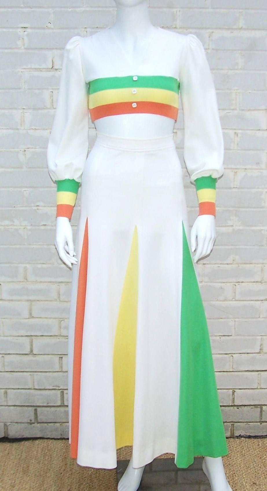 Fabulous and outrageous!  This 2-piece ensemble is reminiscent of the sporty trend popular in the 1970s...think Dallas Cowboy cheerleaders and Cher's bare midriff all in one ensemble.  Both pieces are a polyester jersey designed by 'Chateau du