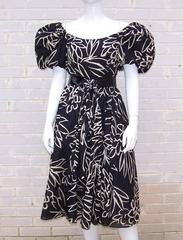 1970s Mollie Parnis Off Shoulder Graphic Tropical Print Party Dress