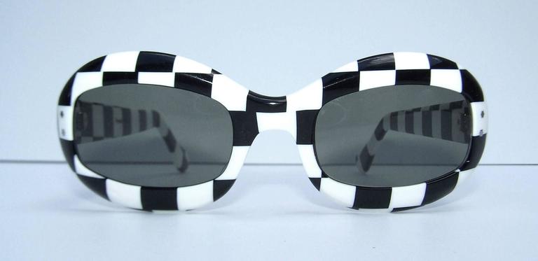 1960s Mod Op Art Checkerboard Black and White French Sunglasses at 1stDibs