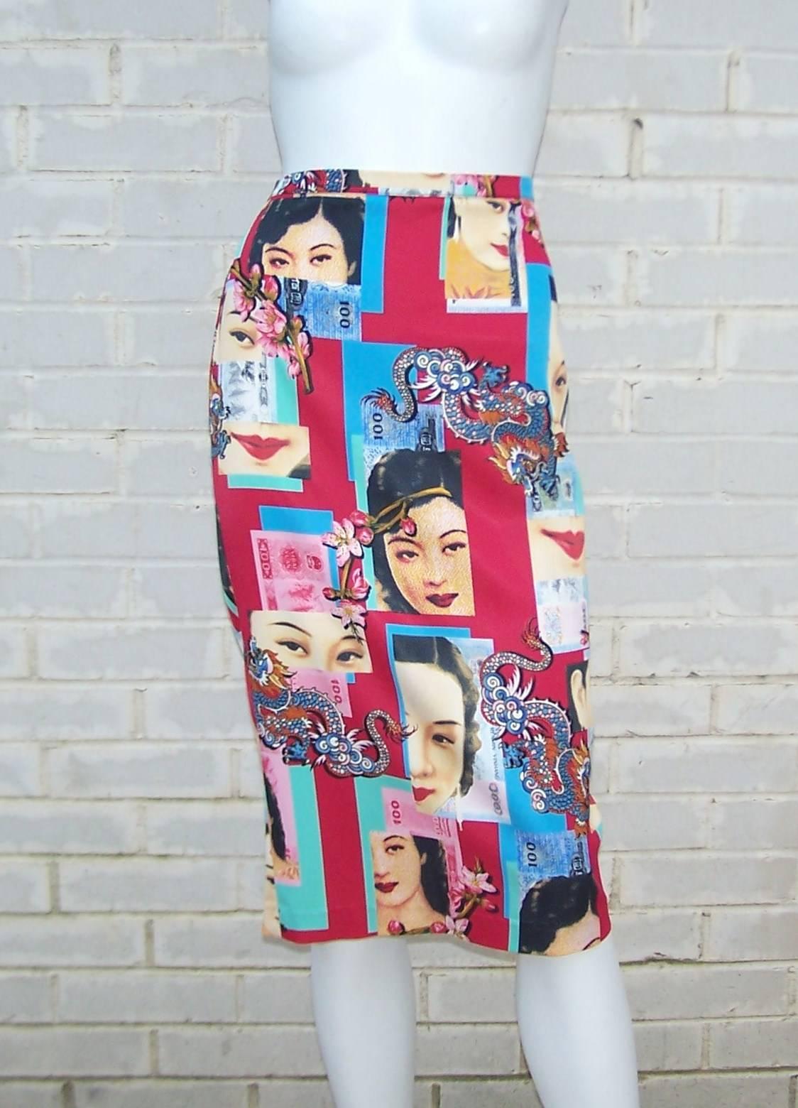 This D&G skirt is so much fun!  A lipstick red stretch sateen fabric is the perfect backdrop for the colorful graphics of vintage Chinese advertising girls interspersed with Chinese currency.  It buttons at the waist and fits snugly to create a