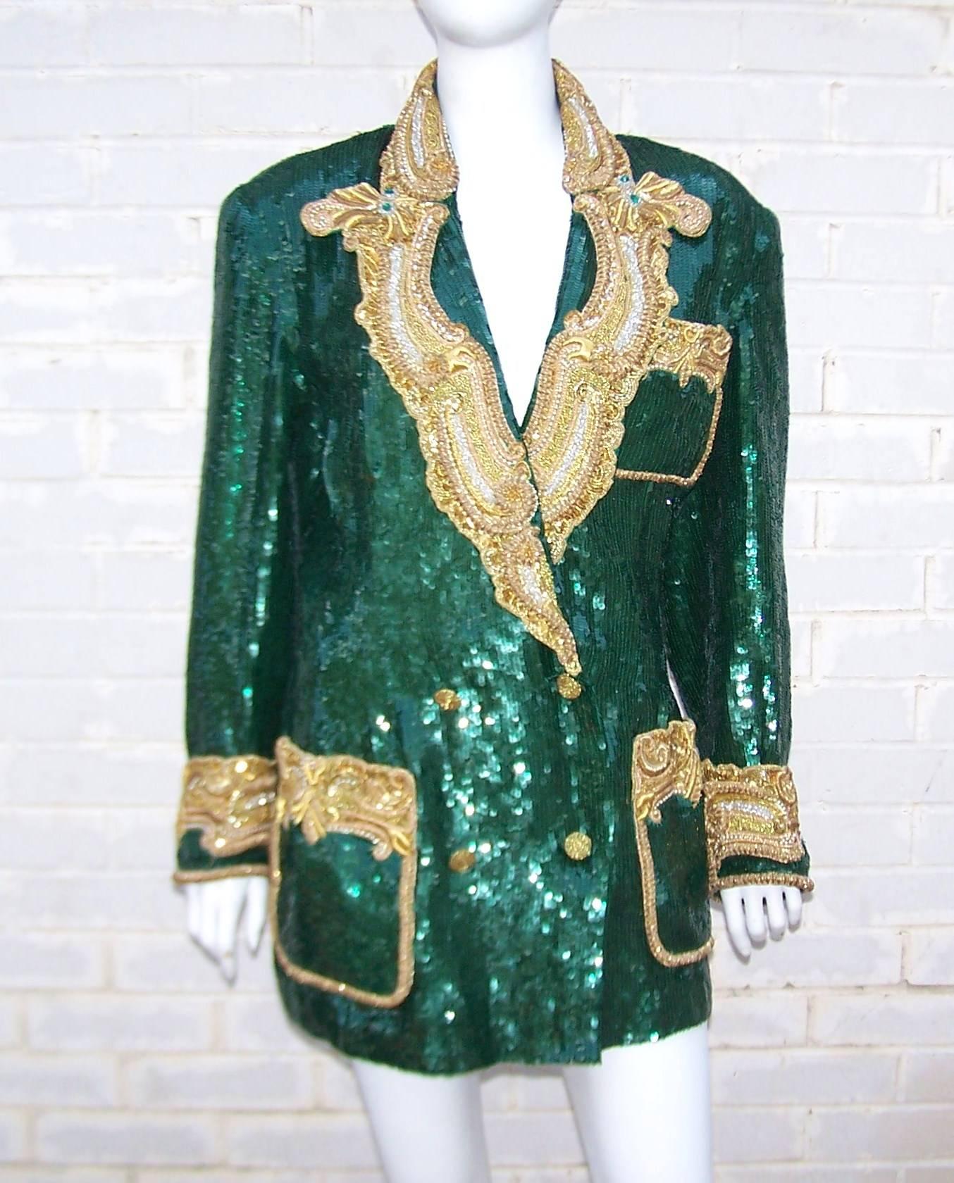 Welcome to the Emerald City!  Jackets are required and we have the perfect one for you!  This amazing 1980's sequined jacket is a double breasted boyfriend style construction.  The lapels and cuffs are decorated with opulent gold braid bejeweled