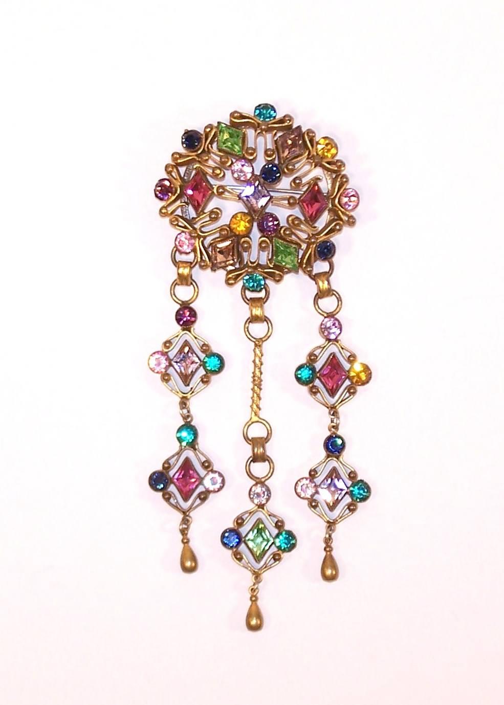 Art Deco Large C.1940 Ornate Crystal Rhinestone Brooch With Articulated Dangles
