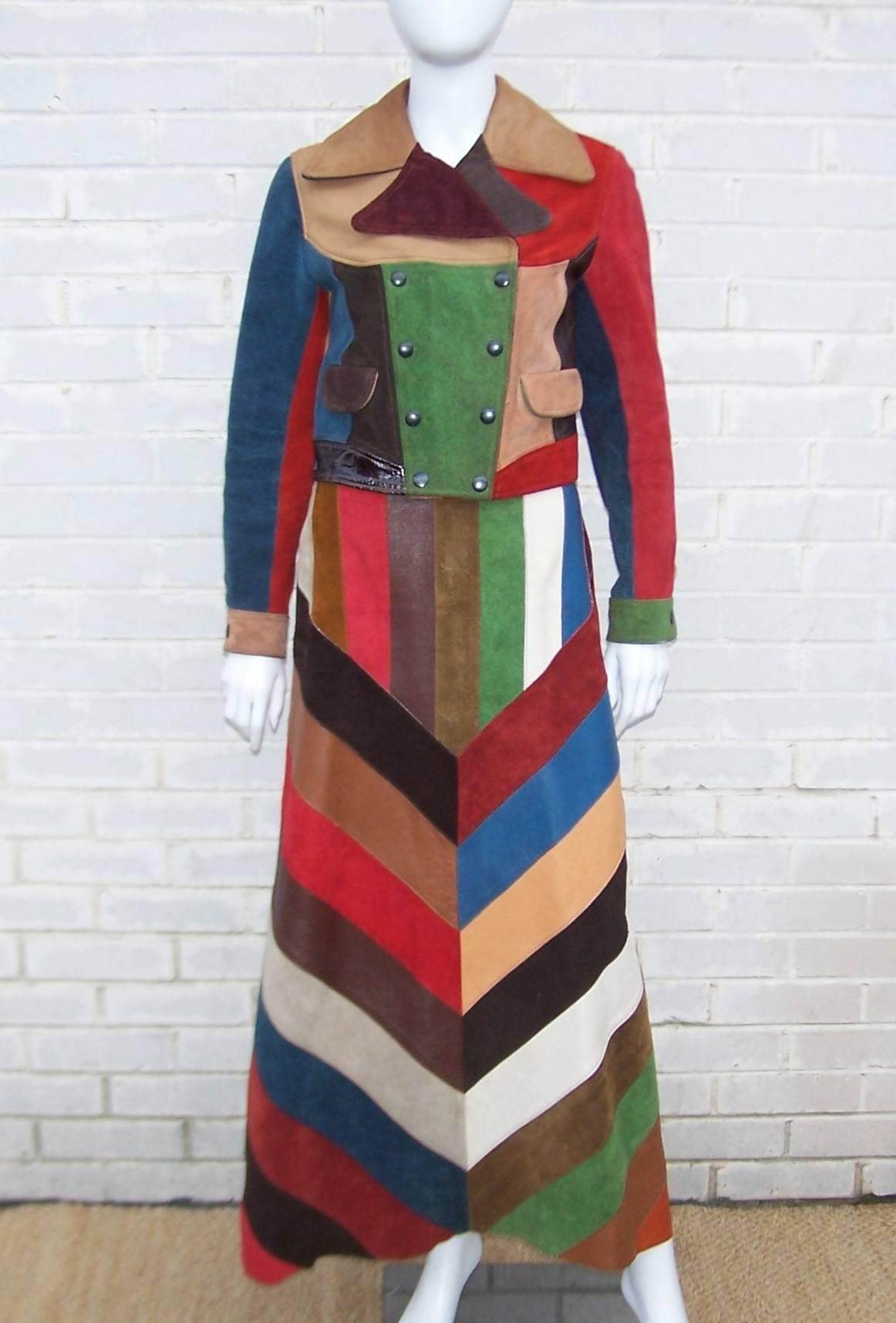 This is the fun 1970's bohemian version of the 'coat of many colors'.  The two piece suit consists of a motorcycle jacket and a maxi skirt designed in a patchwork of leather and suede shapes of various colors including blue, red, green, brown,