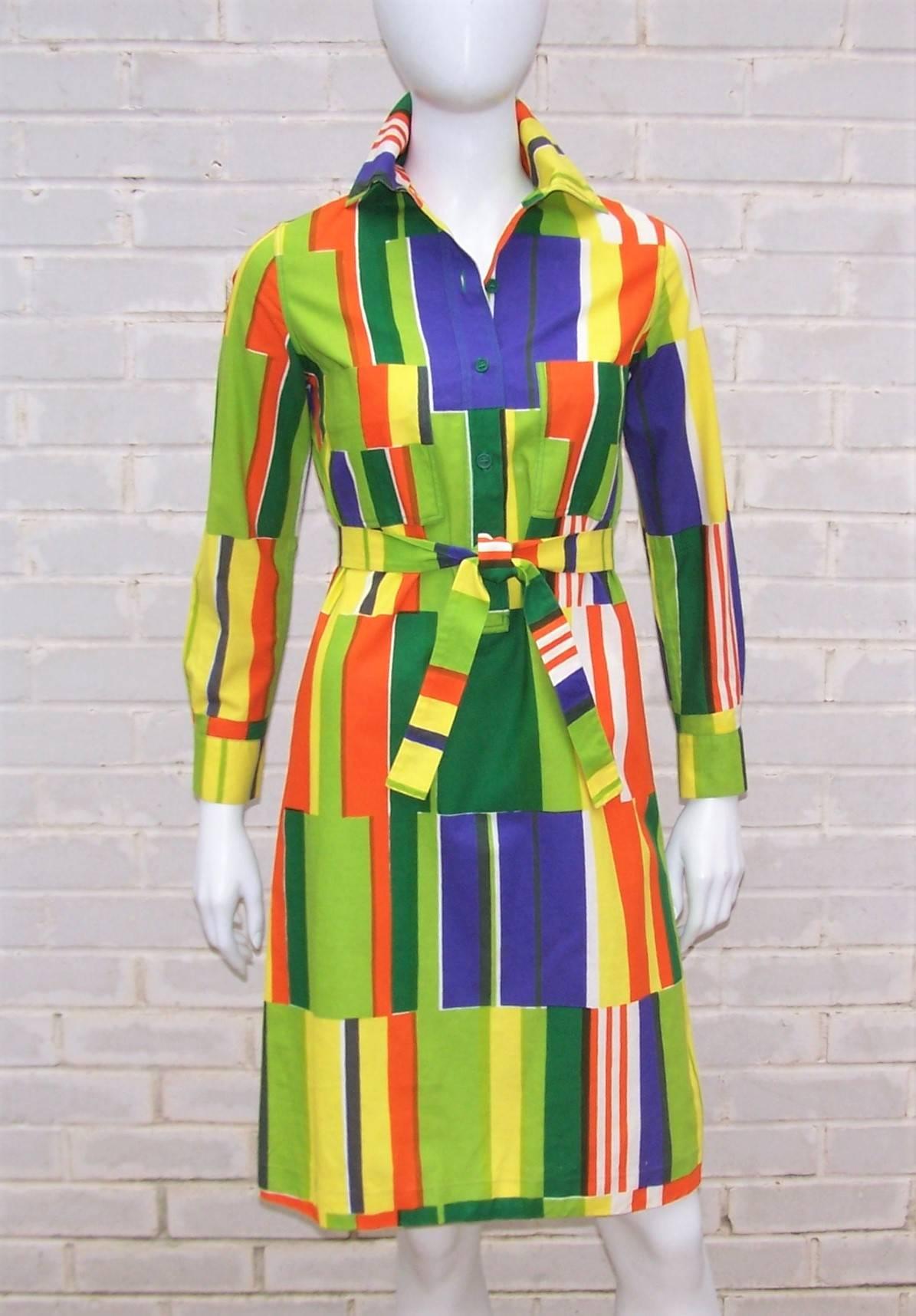 marimekko 1970s terracotta geometric print cotton dress