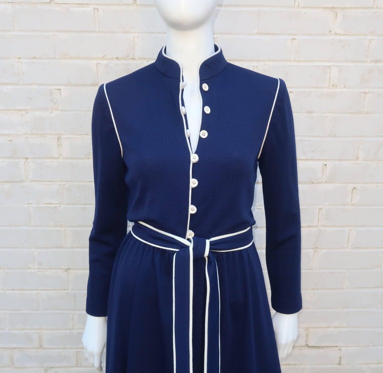 1980's David Warren Navy Blue and White Wool Knit Dress at 1stDibs