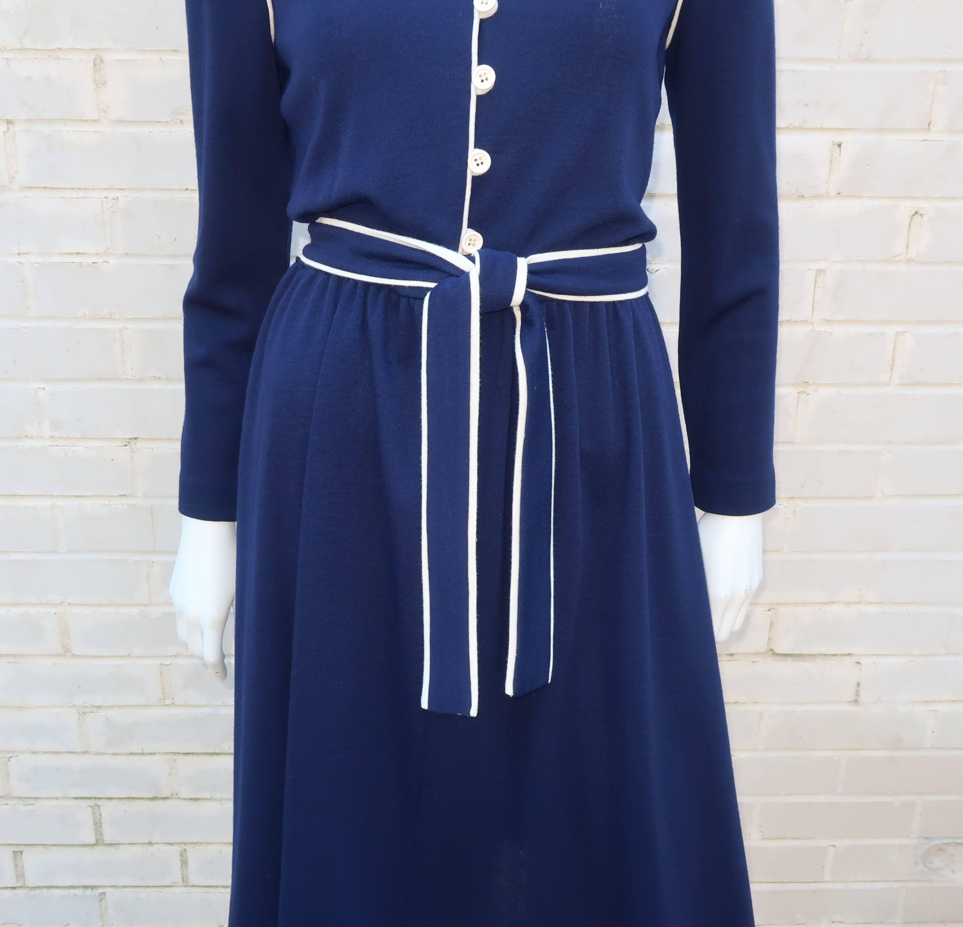 Black 1980's David Warren Navy Blue & White Wool Knit Dress