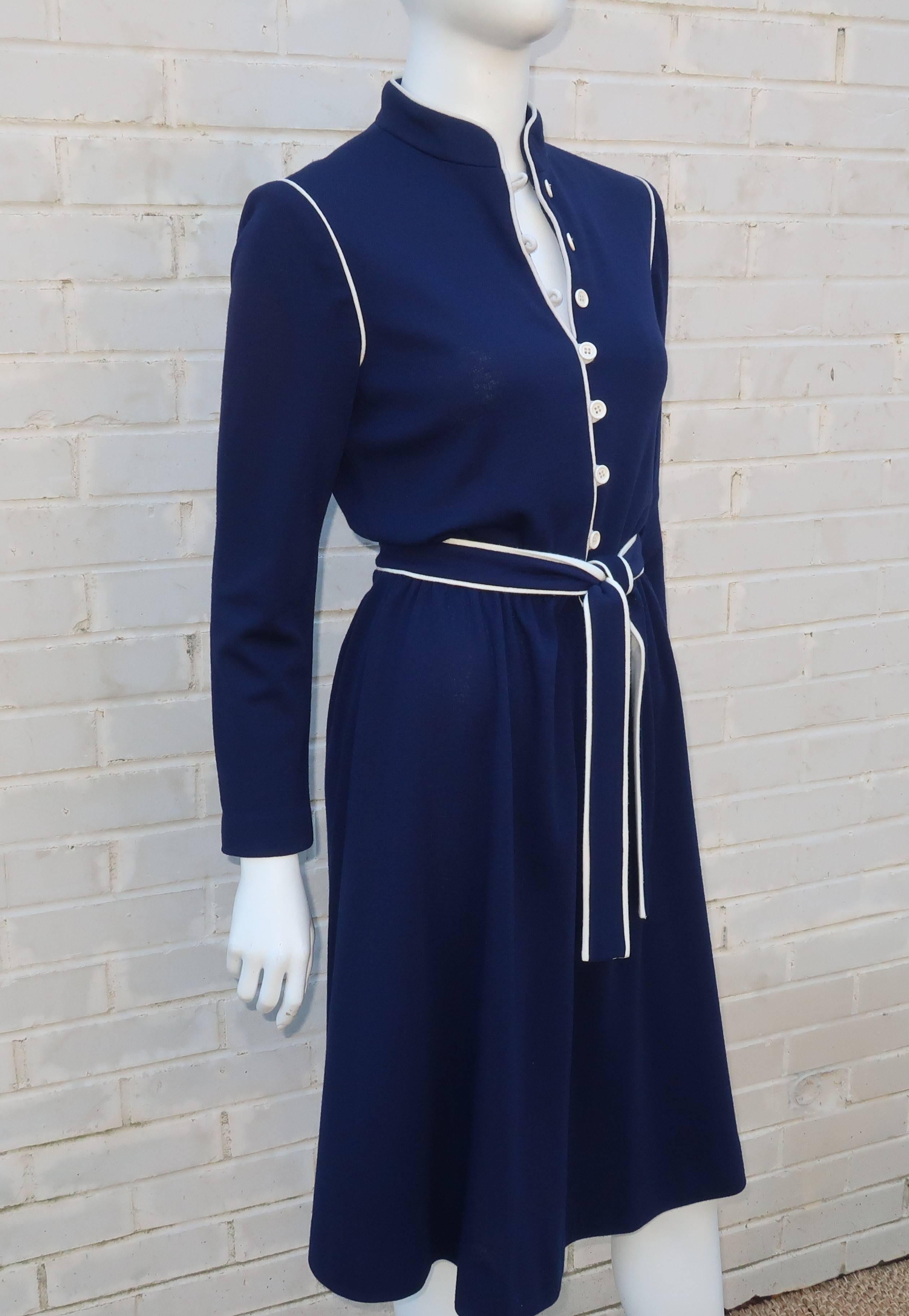 1980's David Warren Navy Blue & White Wool Knit Dress In Excellent Condition In Atlanta, GA