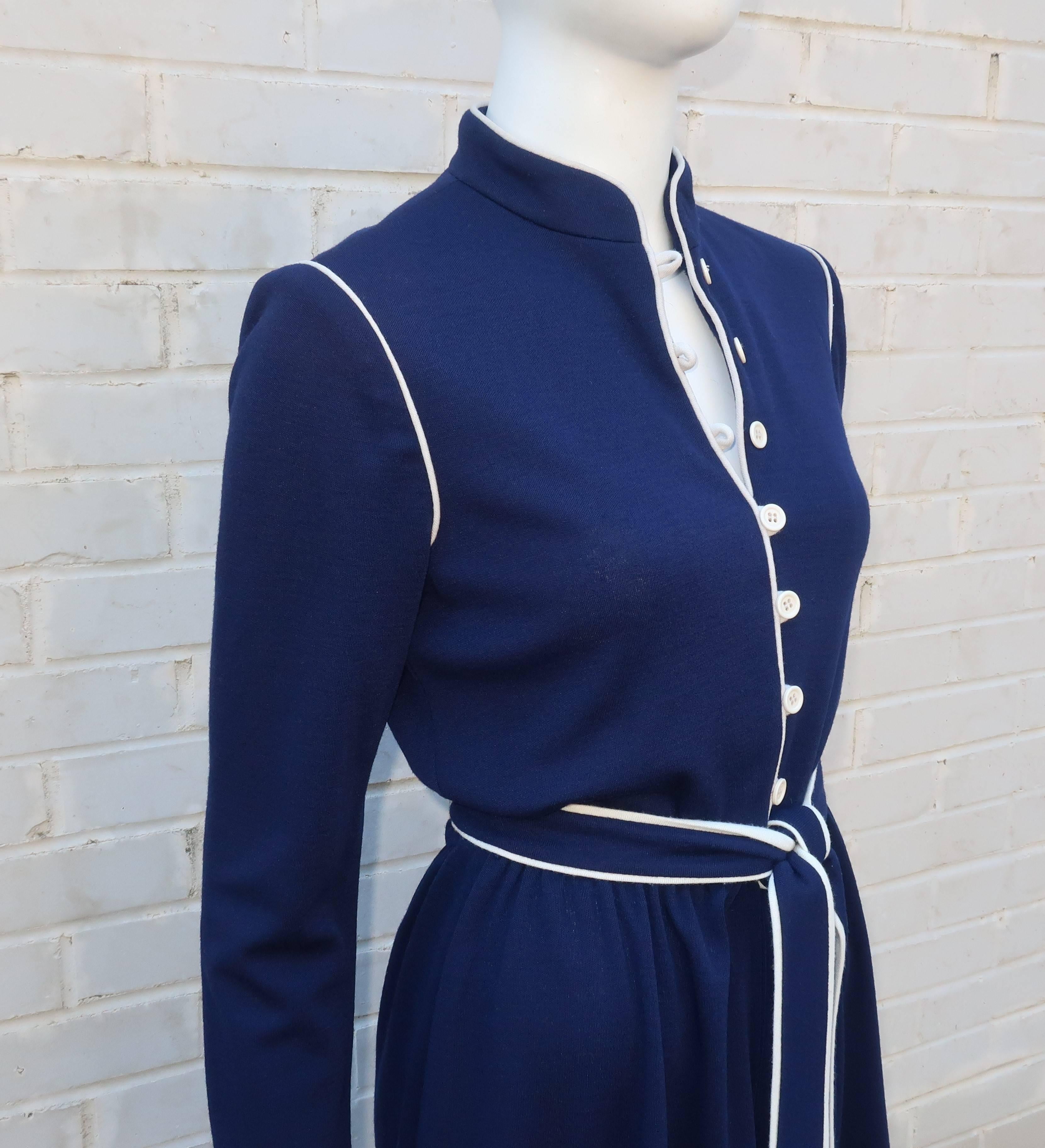 Women's 1980's David Warren Navy Blue & White Wool Knit Dress