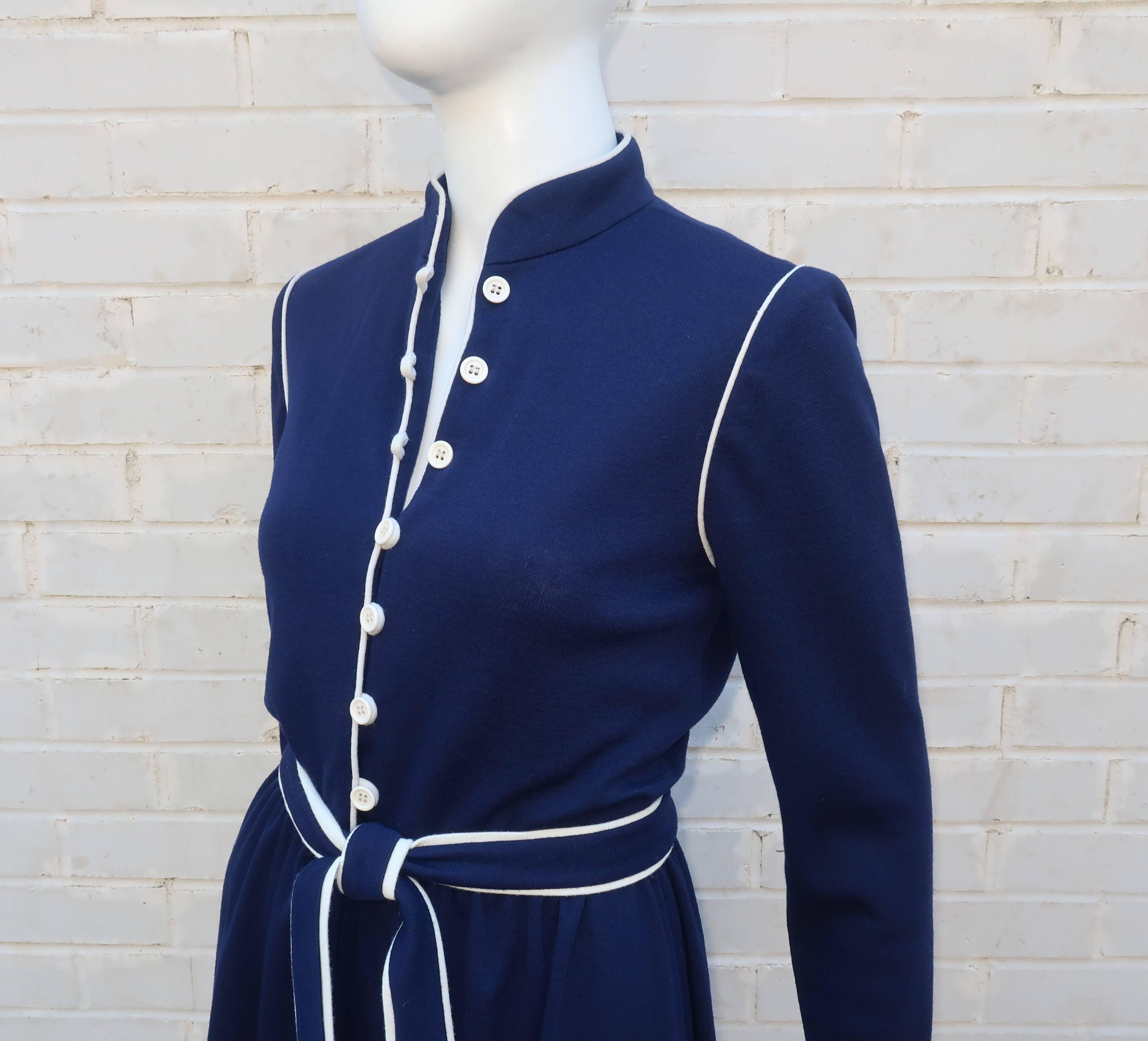 1980's David Warren Navy Blue & White Wool Knit Dress 1