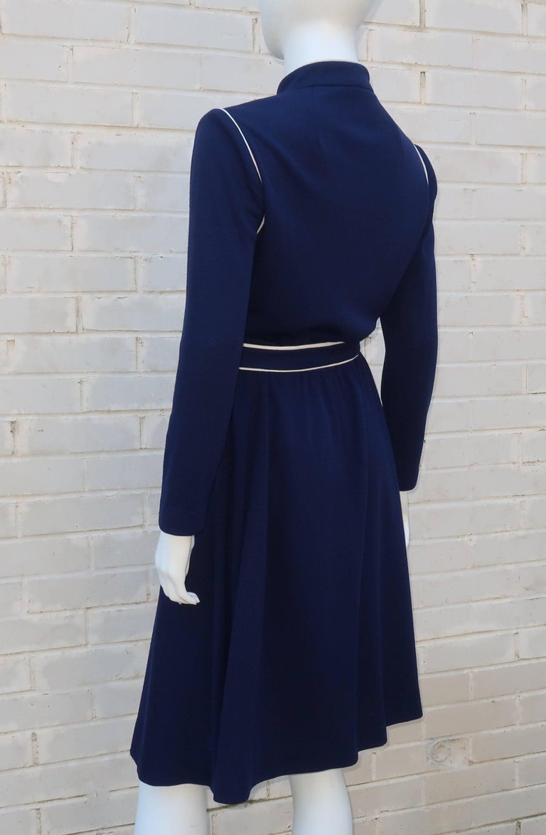 1980's David Warren Navy Blue and White Wool Knit Dress at 1stDibs