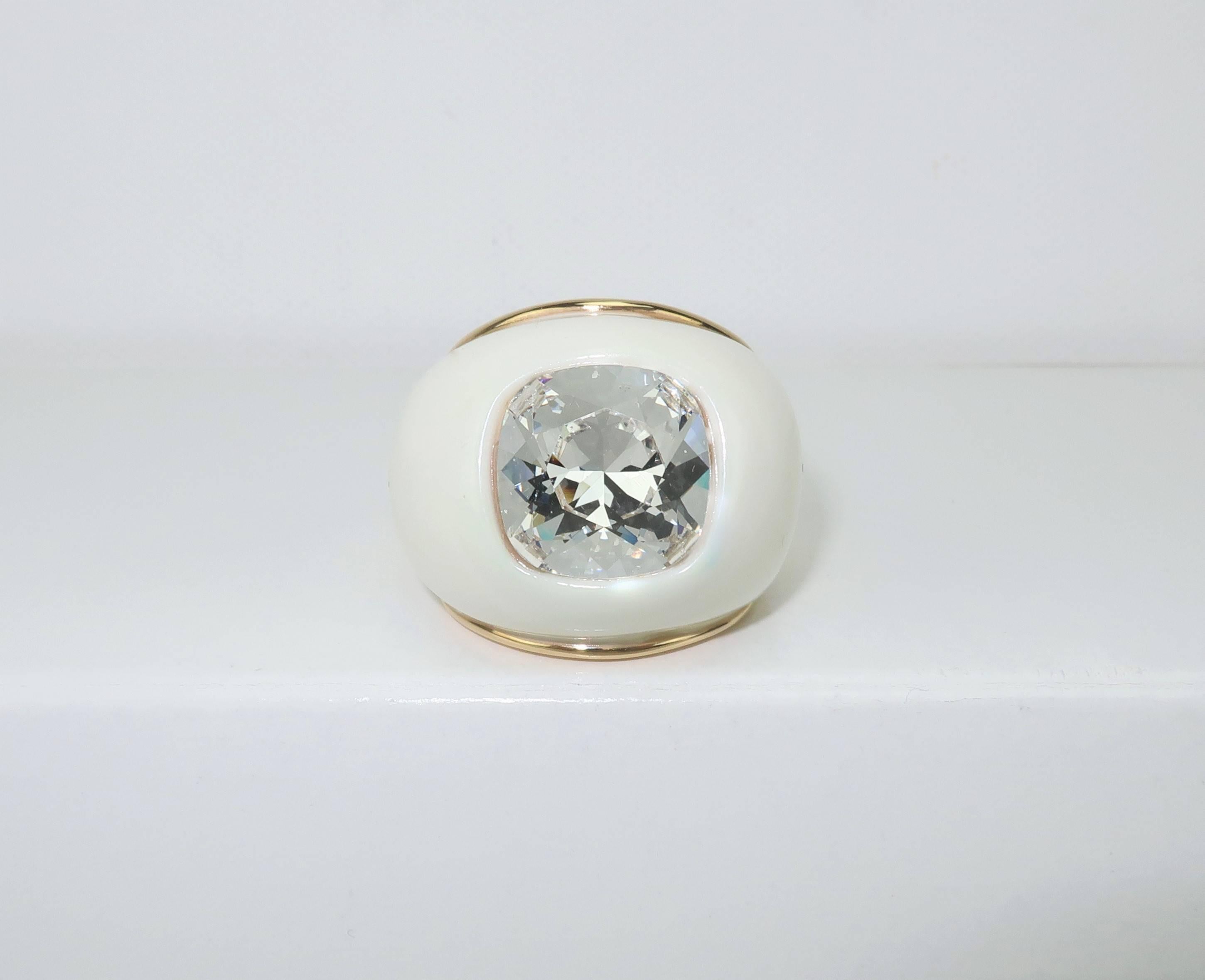Contemporary Kenneth Jay Lane Large White Dome Ring With Crystal Rhinestone 1