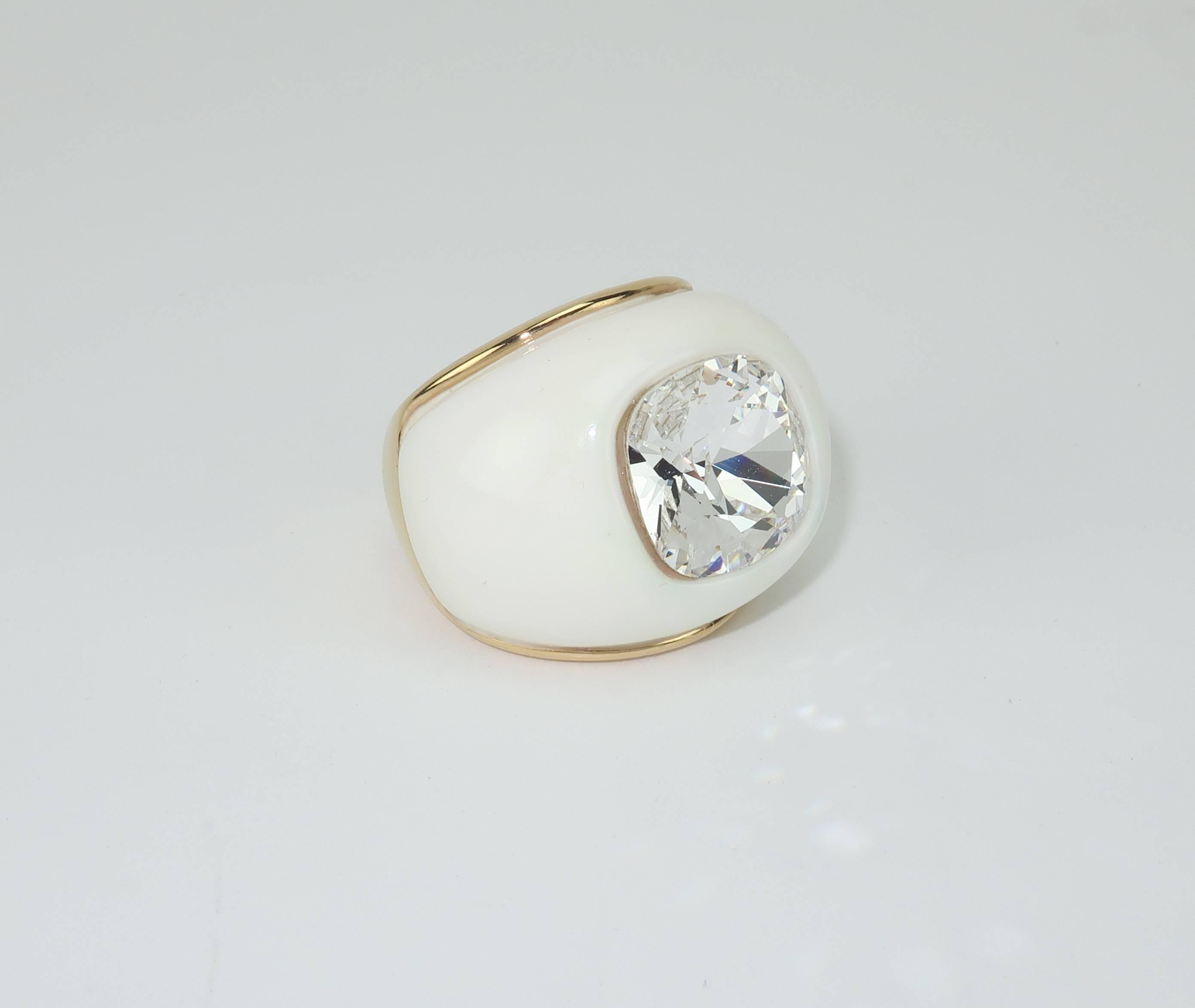 Modernist Contemporary Kenneth Jay Lane Large White Dome Ring With Crystal Rhinestone