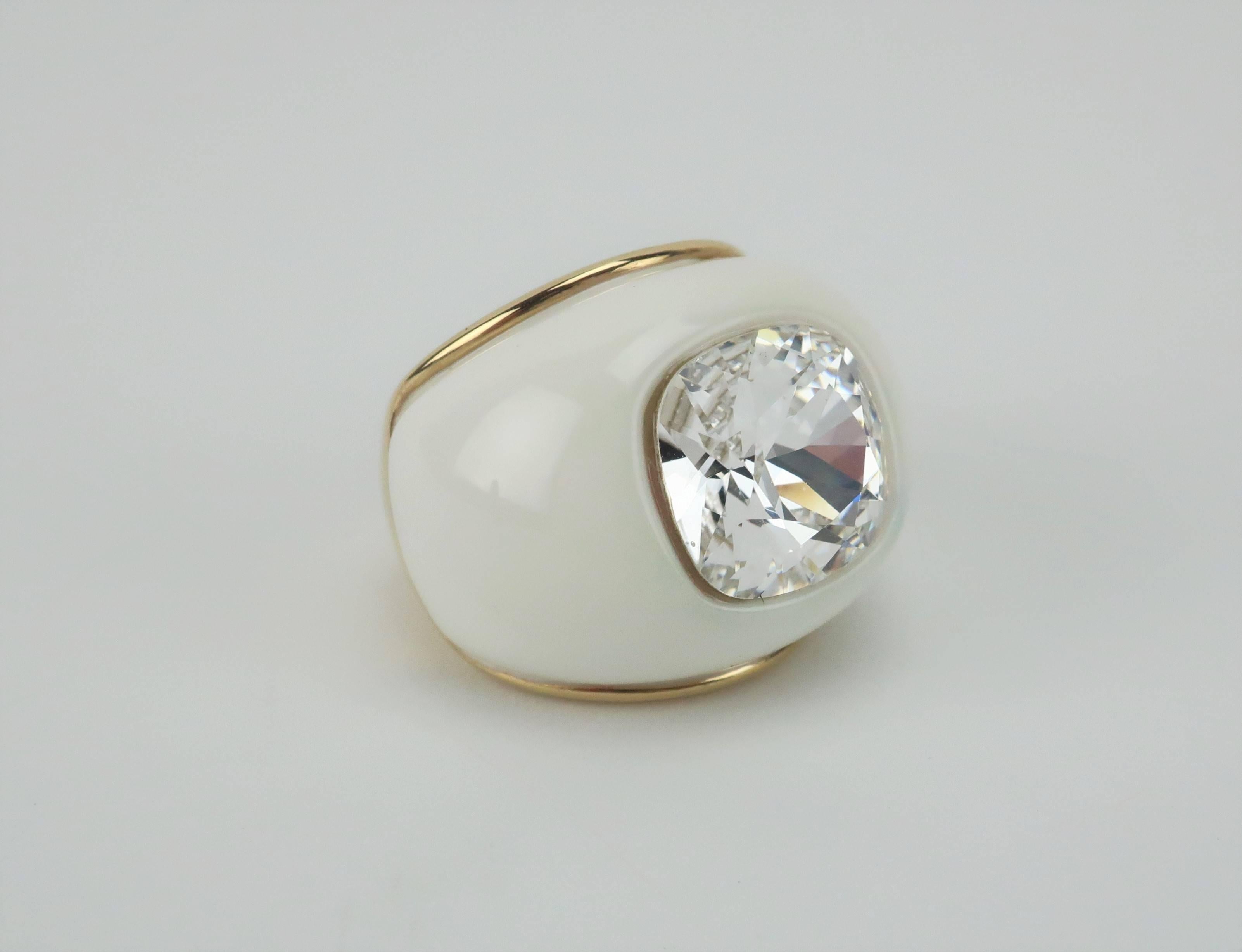 Contemporary Kenneth Jay Lane Large White Dome Ring With Crystal Rhinestone 2