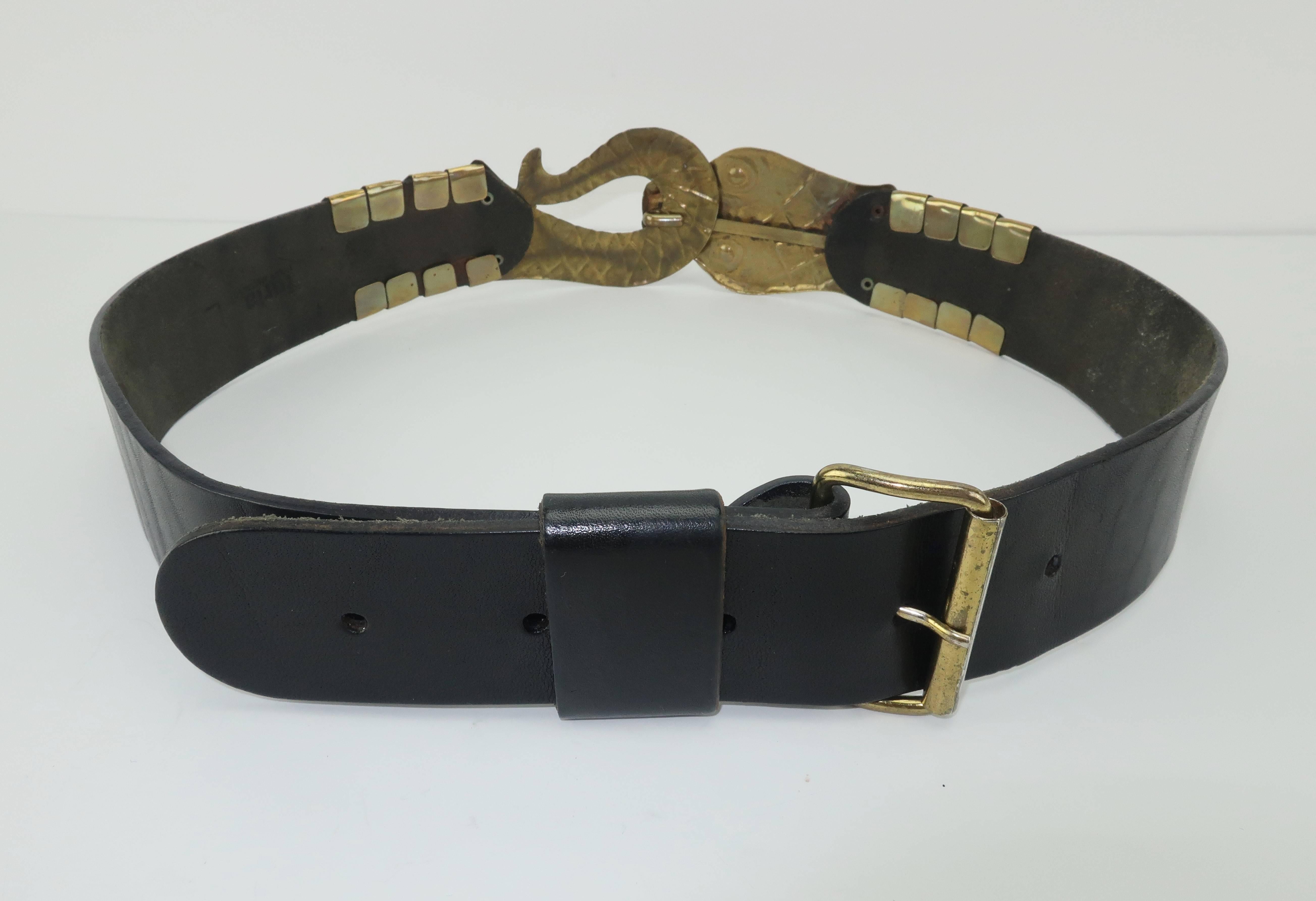 1980's Furla Italian Leather Belt With Brass Snake Buckle 2