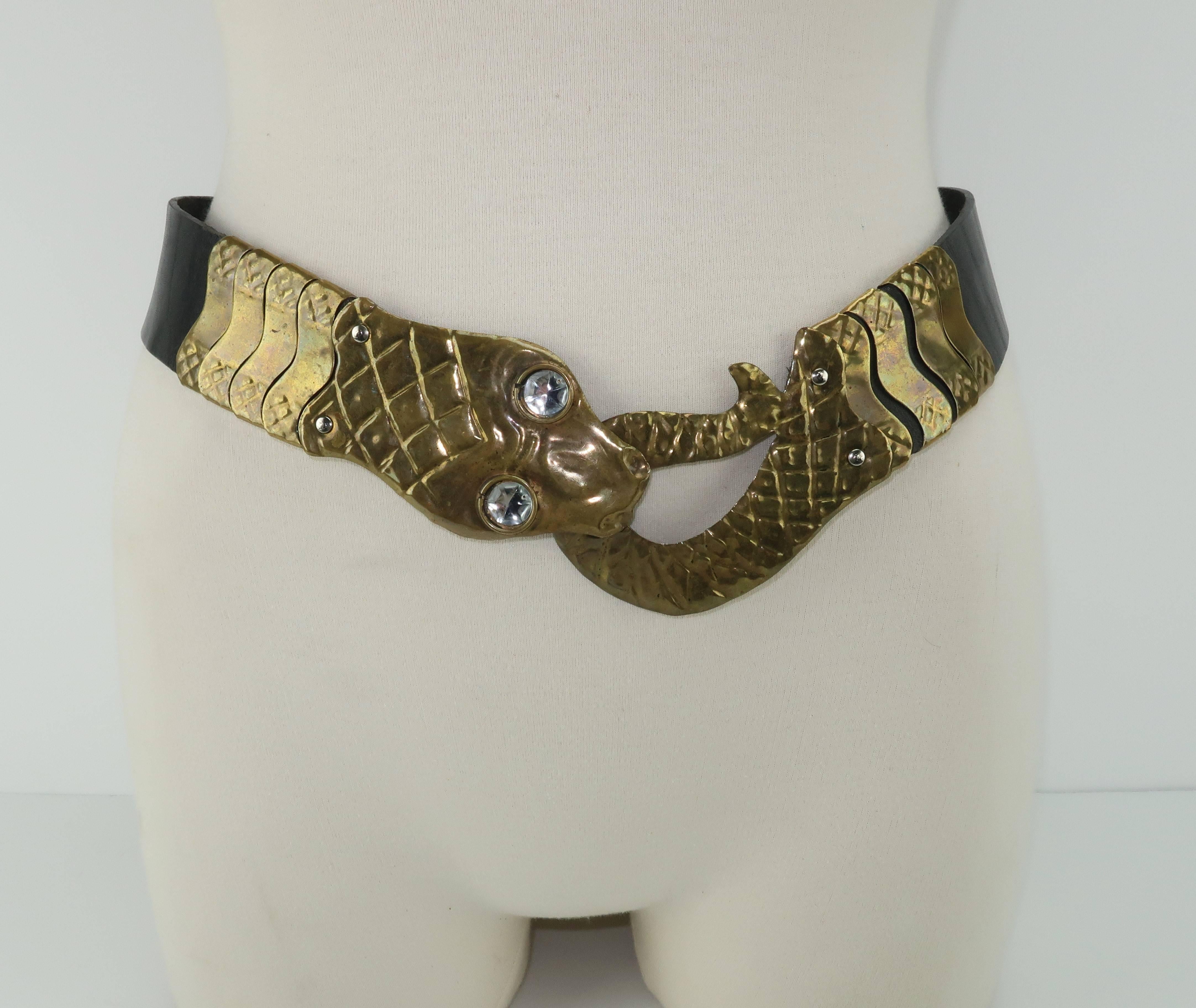 Brown 1980's Furla Italian Leather Belt With Brass Snake Buckle