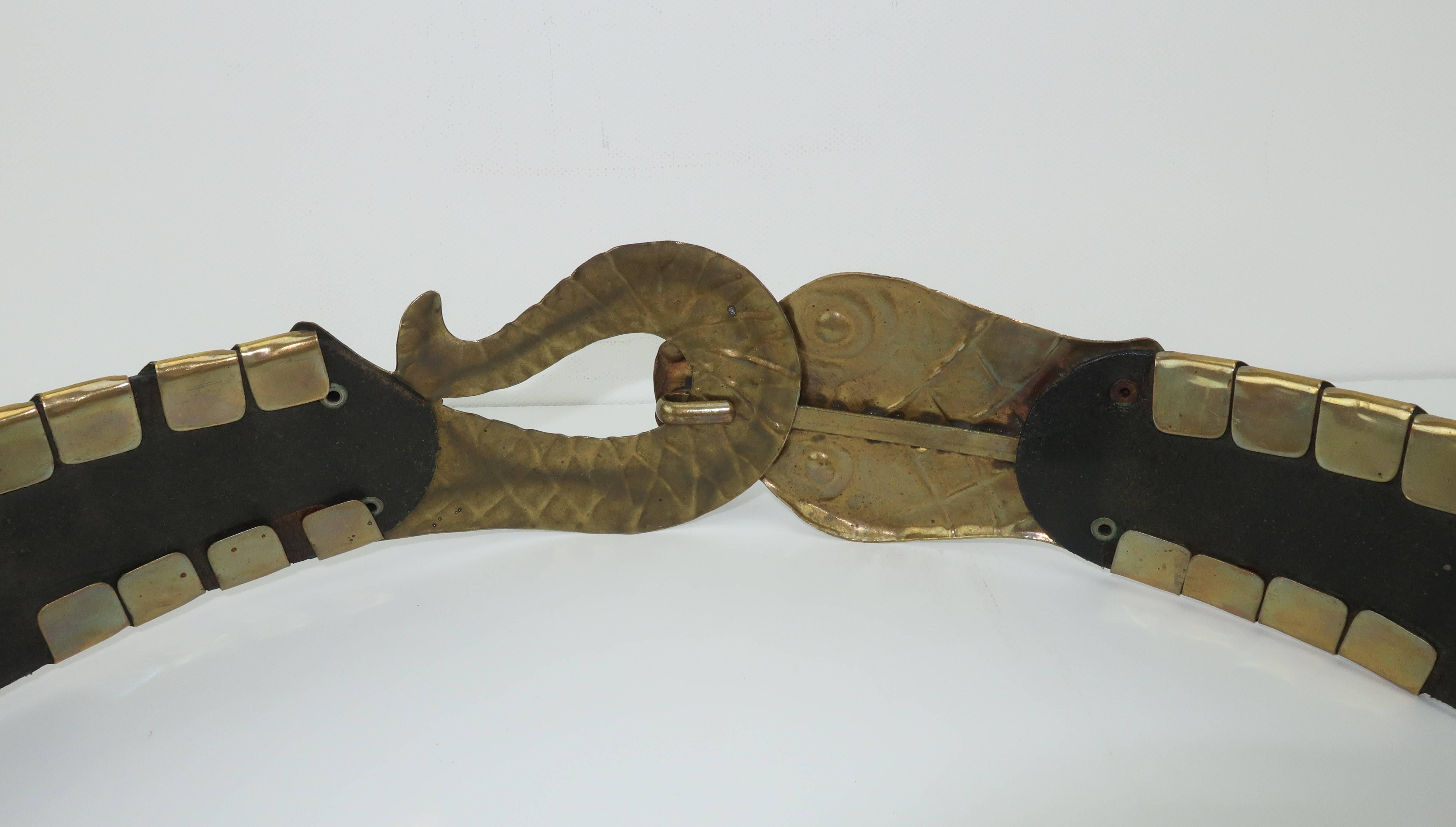 1980's Furla Italian Leather Belt With Brass Snake Buckle 3
