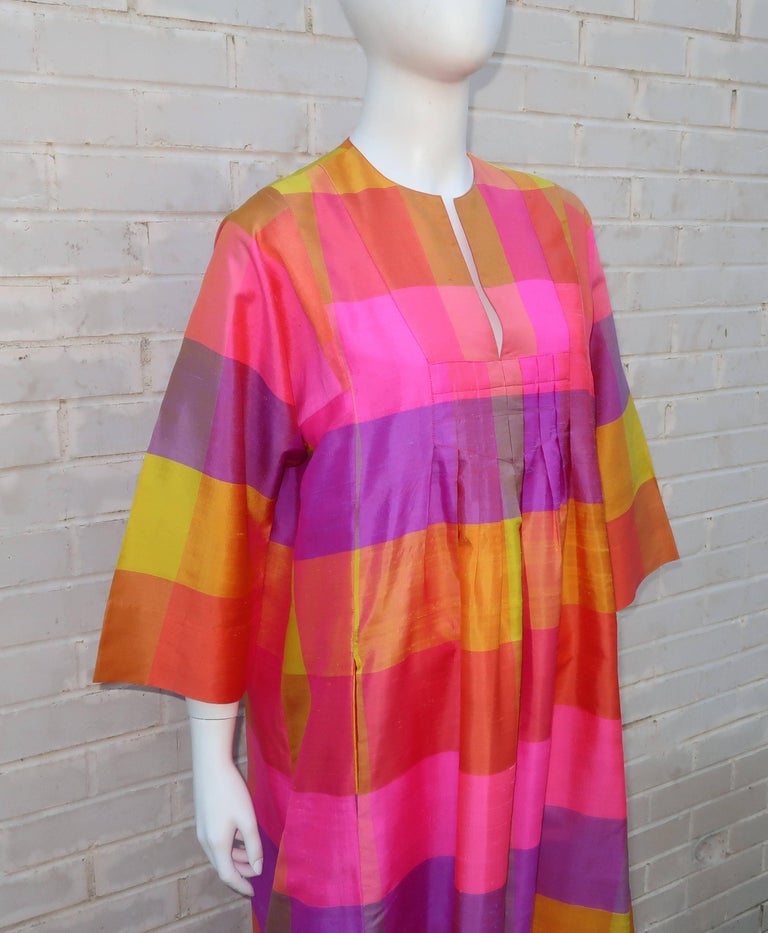 1970s vintage Thai Silk Caftan dress, JIM THOMPSON? blue and purple silk paisley Hippie Boho Dress