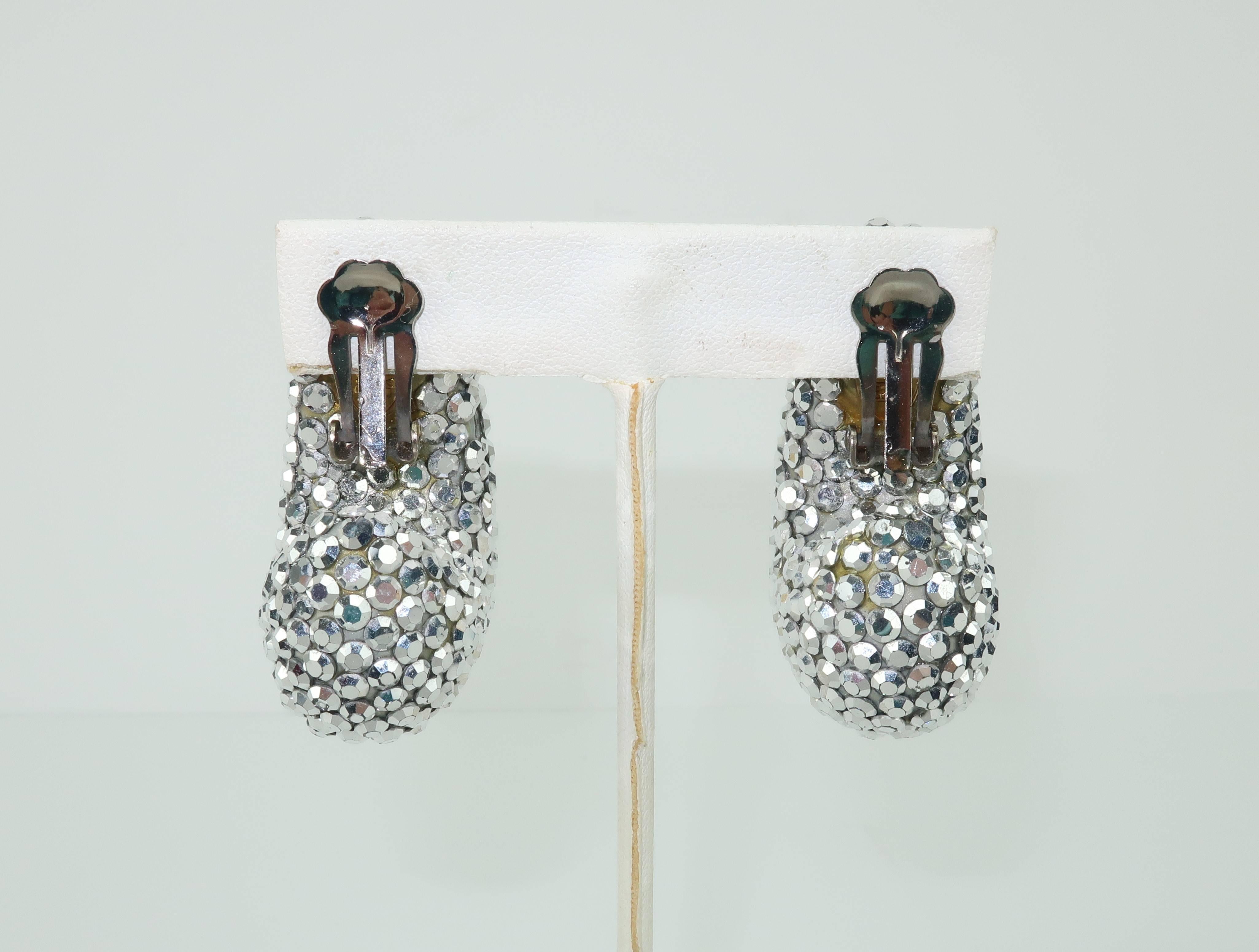 1980's Richard Kerr Nautilus Shaped Silver Pave Crystal Earrings 1