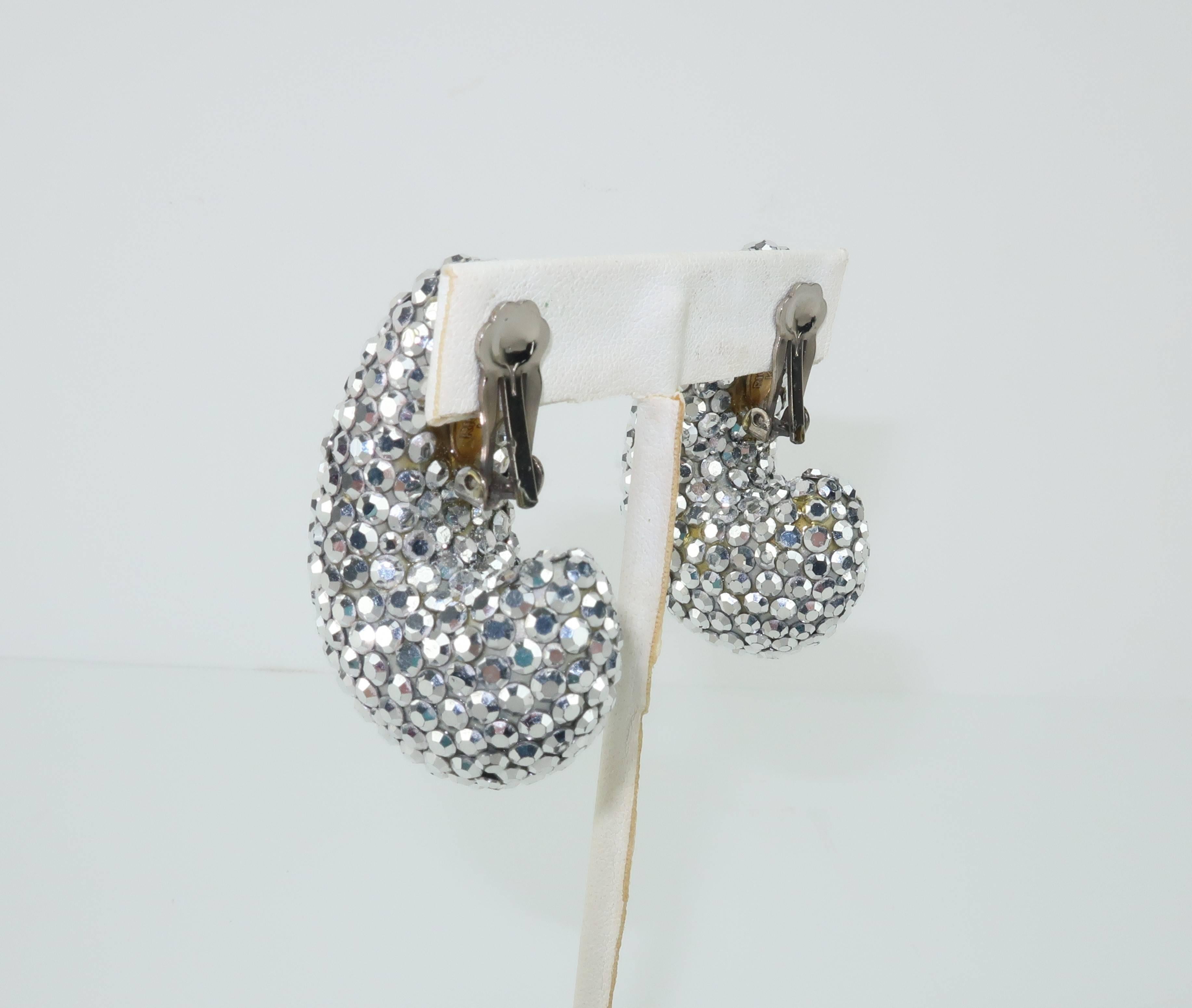 Women's 1980's Richard Kerr Nautilus Shaped Silver Pave Crystal Earrings