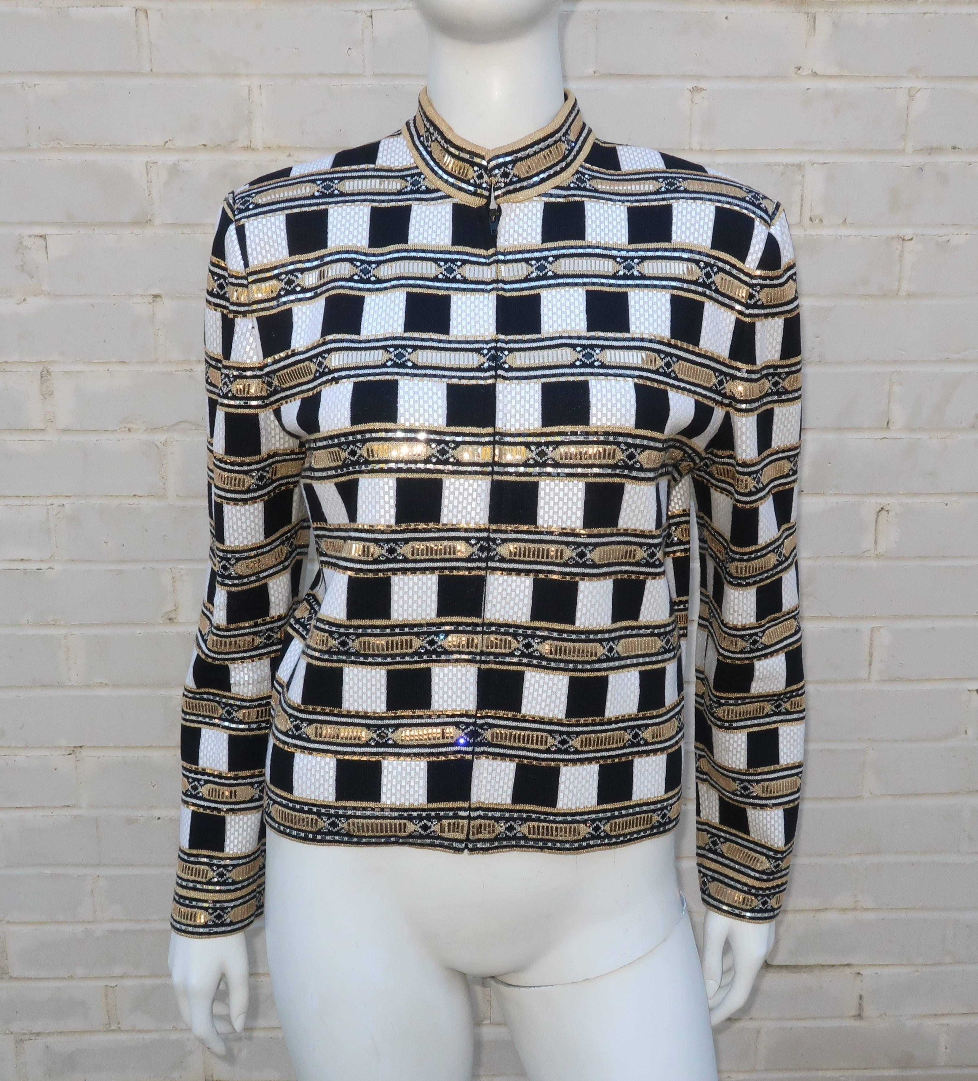 C.1990 St. John Evening Mirrored Metallic Knit Cafe Racer Jacket In Excellent Condition In Atlanta, GA