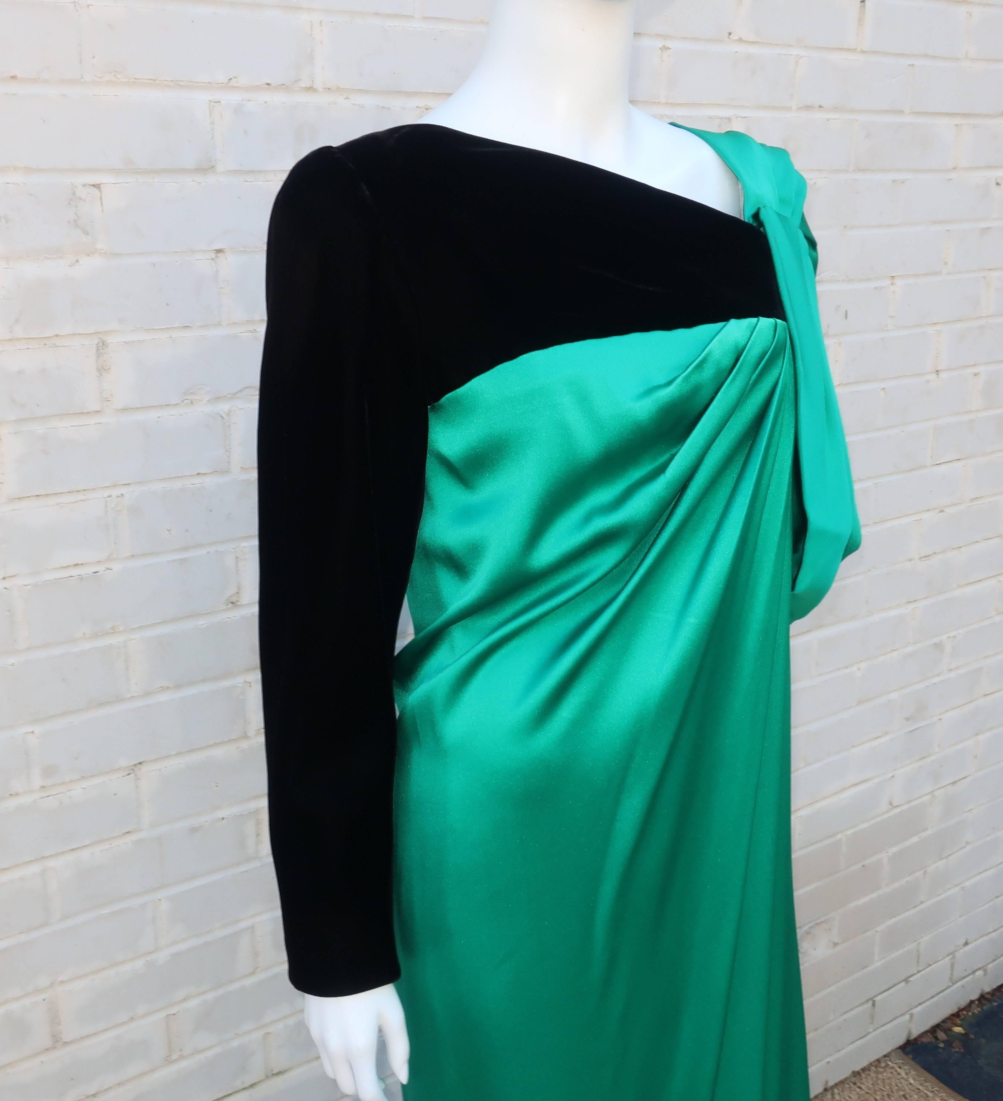 1980's Jacqueline de Ribes Jade Green Silk & Black Velvet Evening Gown 1