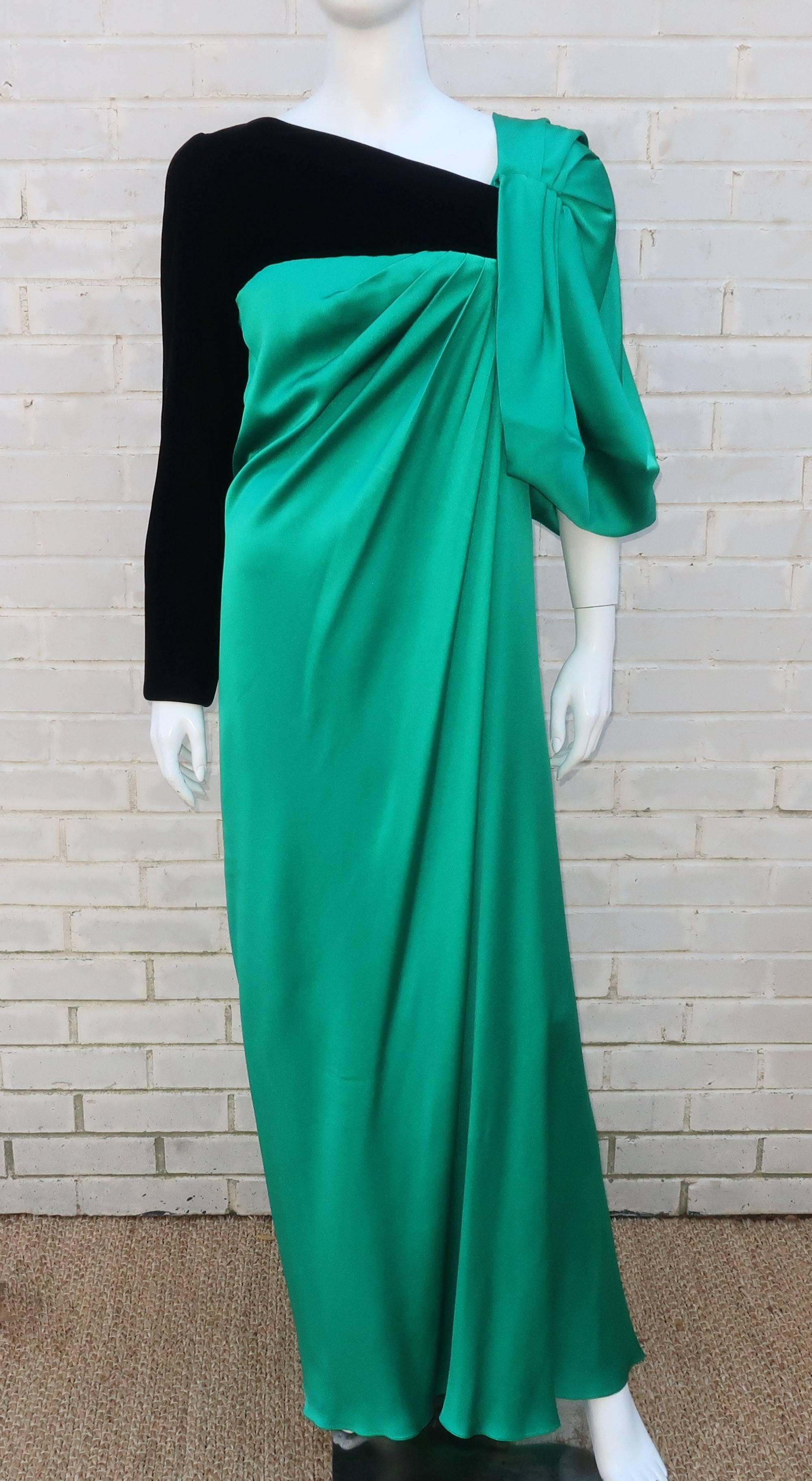 Blue 1980's Jacqueline de Ribes Jade Green Silk & Black Velvet Evening Gown