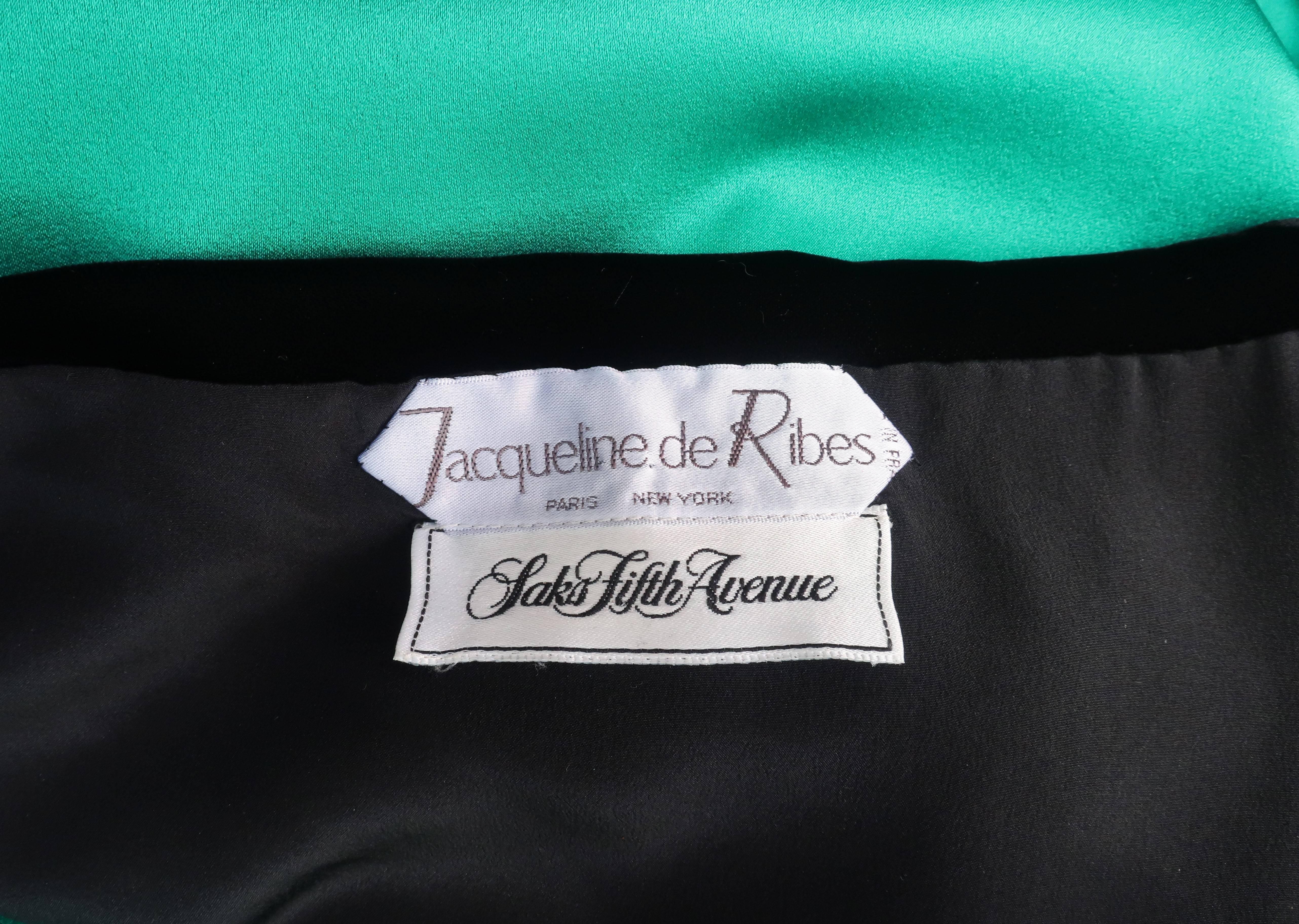 1980's Jacqueline de Ribes Jade Green Silk & Black Velvet Evening Gown 5
