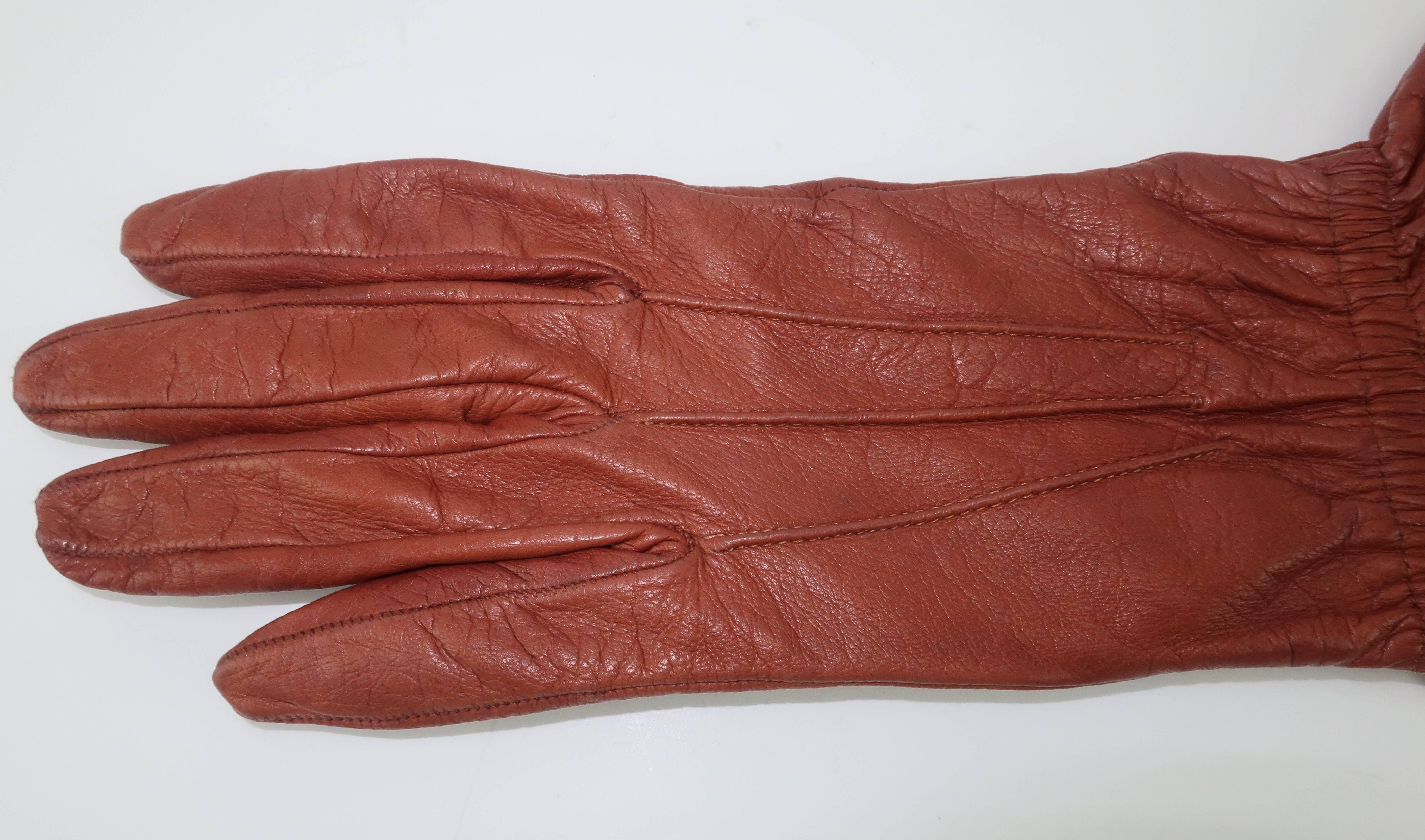 Women's 1980's Yves Saint Laurent Cognac Brown Leather Gauntlet Gloves