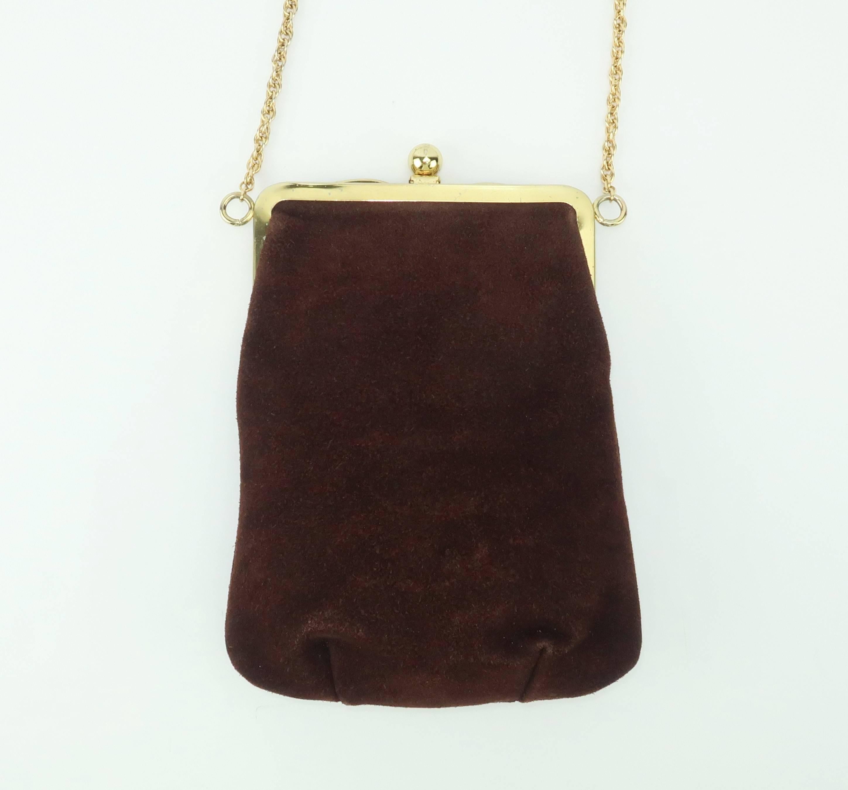 1960's Brown Suede Leather Handbag With Gold Chain Shoulder Handle 2