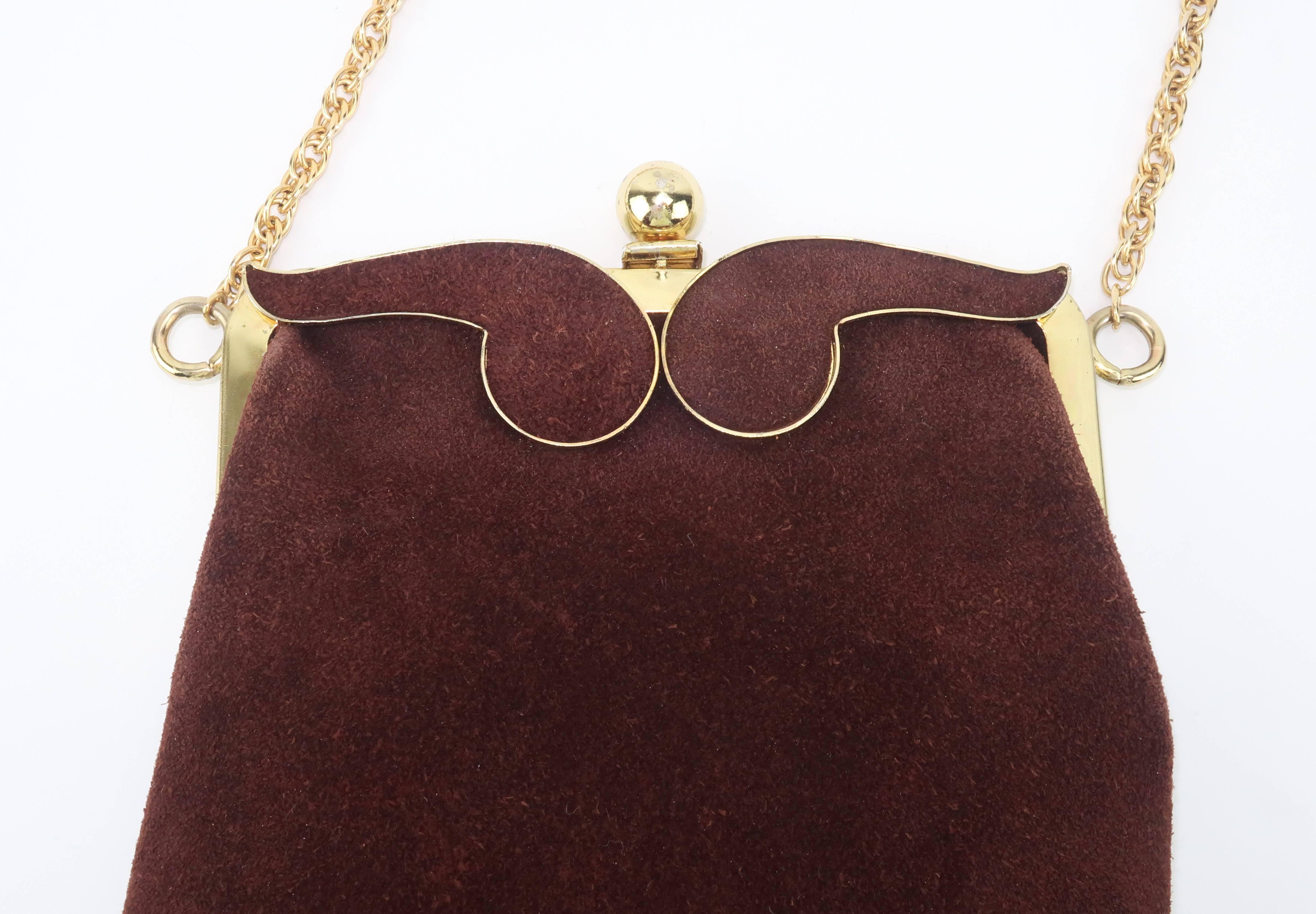 Black 1960's Brown Suede Leather Handbag With Gold Chain Shoulder Handle