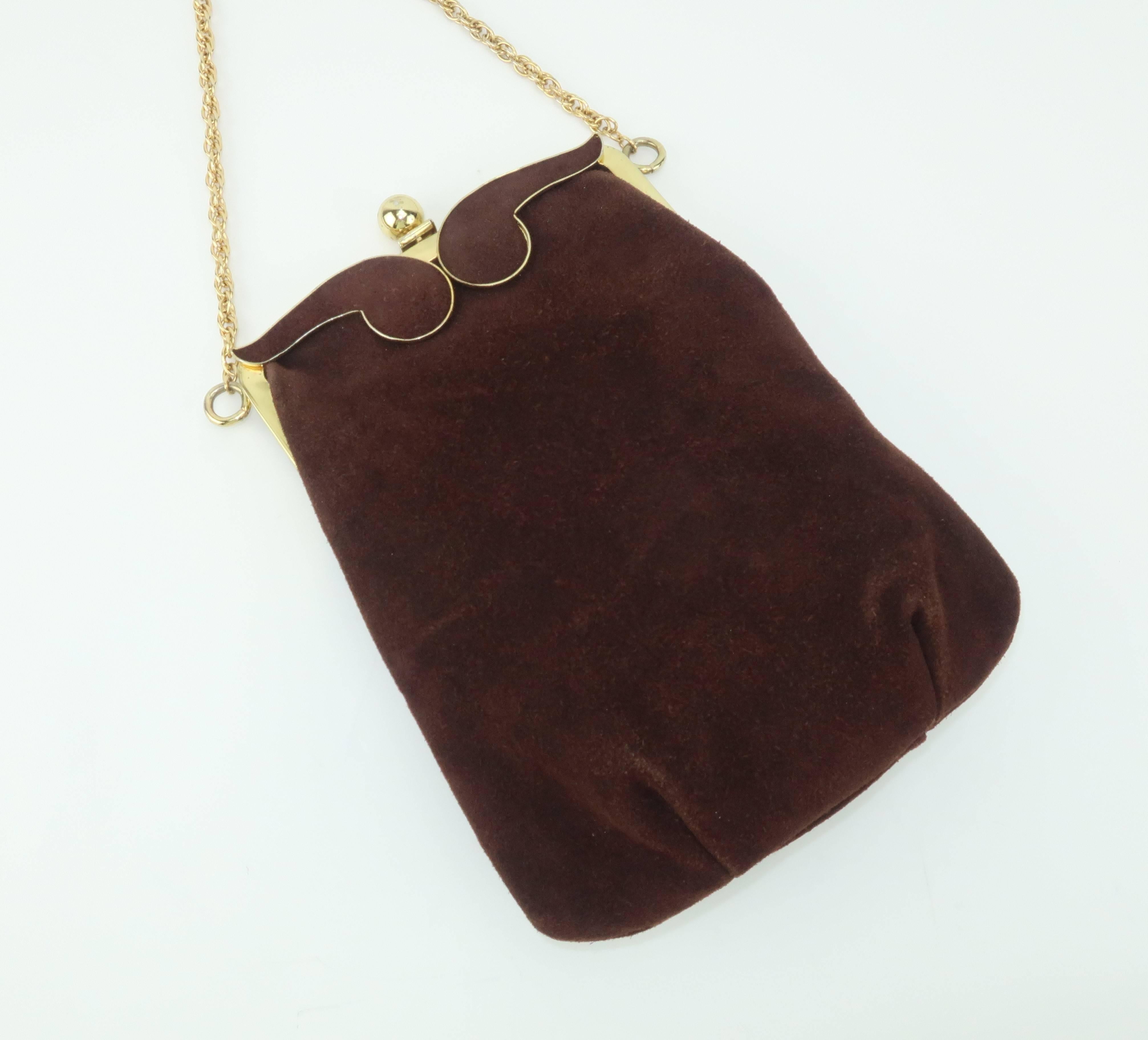 Women's 1960's Brown Suede Leather Handbag With Gold Chain Shoulder Handle