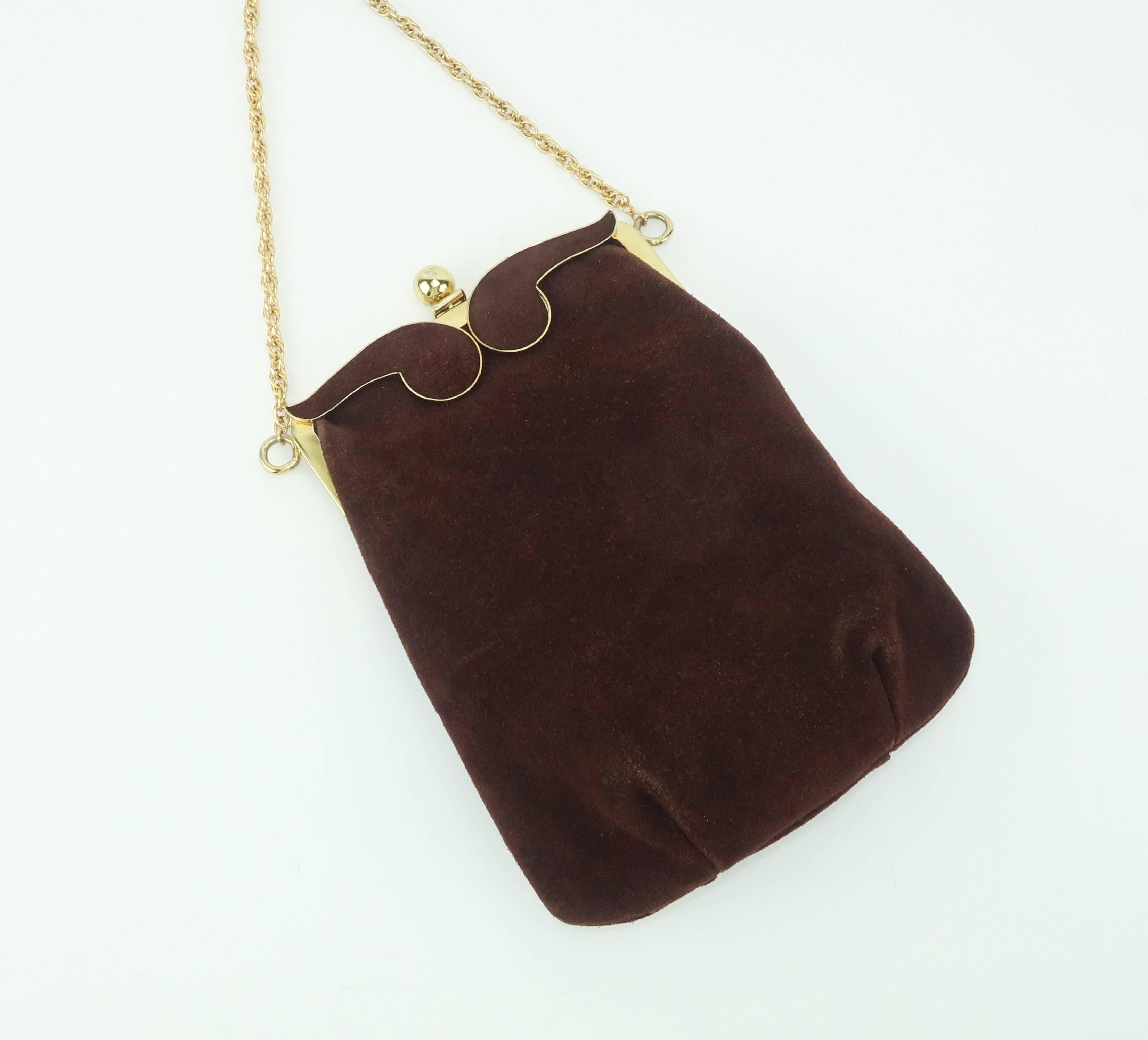 1960's Brown Suede Leather Handbag With Gold Chain Shoulder Handle 1